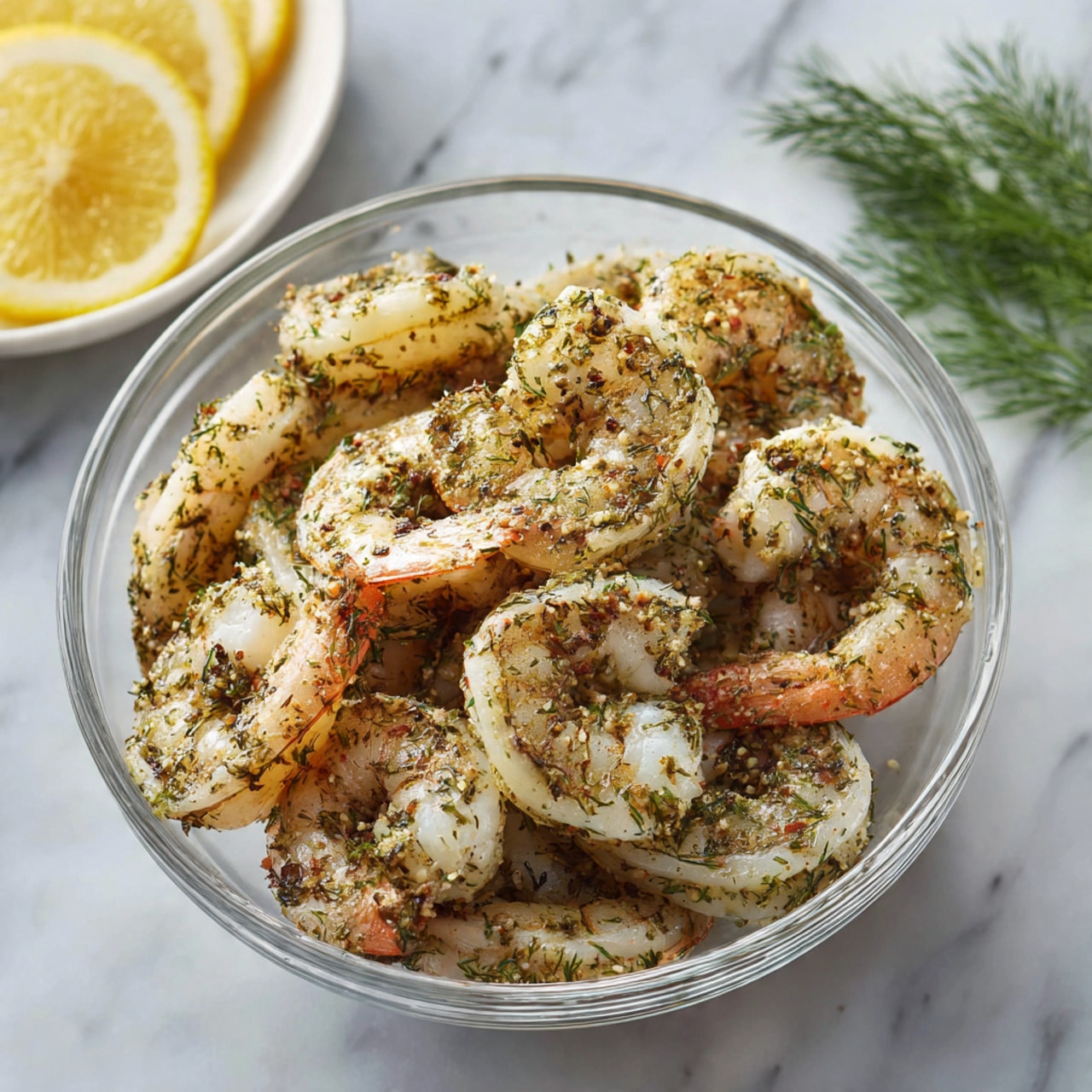 The dish is served on a white plate with subtle ridged edges, placed on a white marbled surface. It has three layers in total: a base layer of white rice covering half the plate, topped with a second layer of glazed shrimp coated in a shiny orange sauce, garnished with small pieces of green onions and white sesame seeds scattered evenly. The third layer is a pile of bright green broccoli florets arranged neatly on the other half of the plate. A silver fork is set beside the plate, and a white and red striped cloth is partially visible on the right side. Photo taken with an iphone --ar 4:5 --v 7