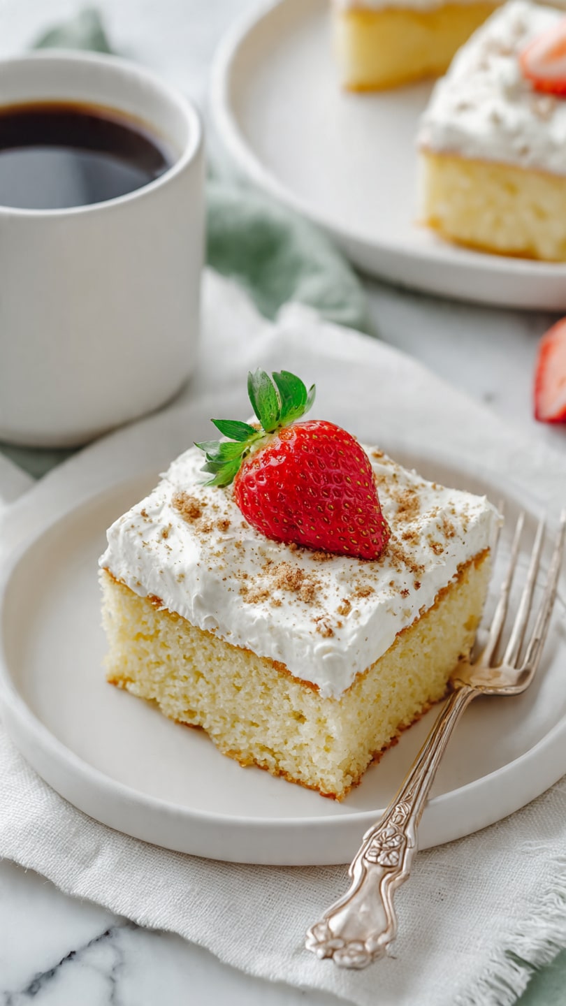 A square piece of yellow sponge cake with two layers is shown on a white plate. The bottom layer is a soft, light yellow cake, and the top layer is white whipped cream sprinkled with light brown powder. On top of the cream, there is a red strawberry cut in half with green leaves visible. A silver fork with a detailed handle lies next to the cake on the plate. In the background on the right, a white rectangular plate contains more pieces of the same cake. On the left side, there is a white cup filled with black coffee. The setting is on a white marbled surface with a white fabric that has green and orange floral embroidery. photo taken with an iphone --ar 4:5 --v 7