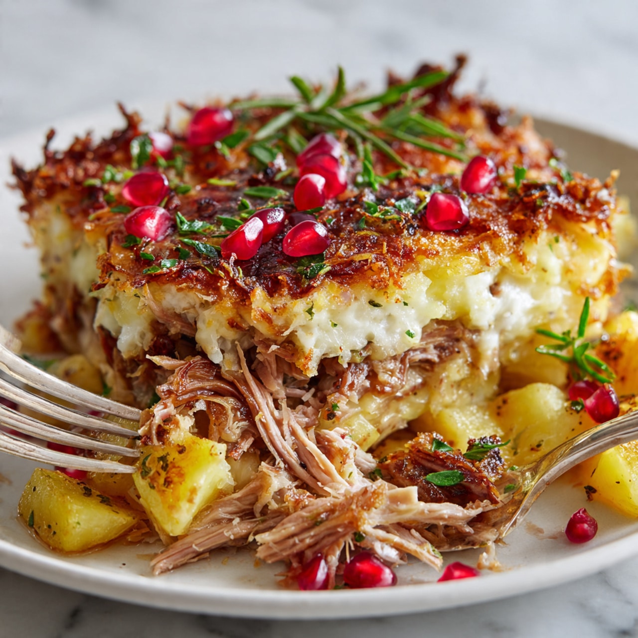 A large roasted meat cuts dark brown with a crispy texture sits in the middle of a rectangular metal baking tray. The meat is topped with scattered red pomegranate seeds and drizzled with a pale green sauce. Under and around the meat, there are yellow potato wedges mixed with slices of lemon, sprinkled lightly with green herbs. The tray rests on a dark wood surface partially covered with a red patterned cloth, and to the upper right, there are two glass jars containing green chilies and a brown spice powder. The whole scene is warm and rustic. Photo taken with an iphone --ar 4:5 --v 7