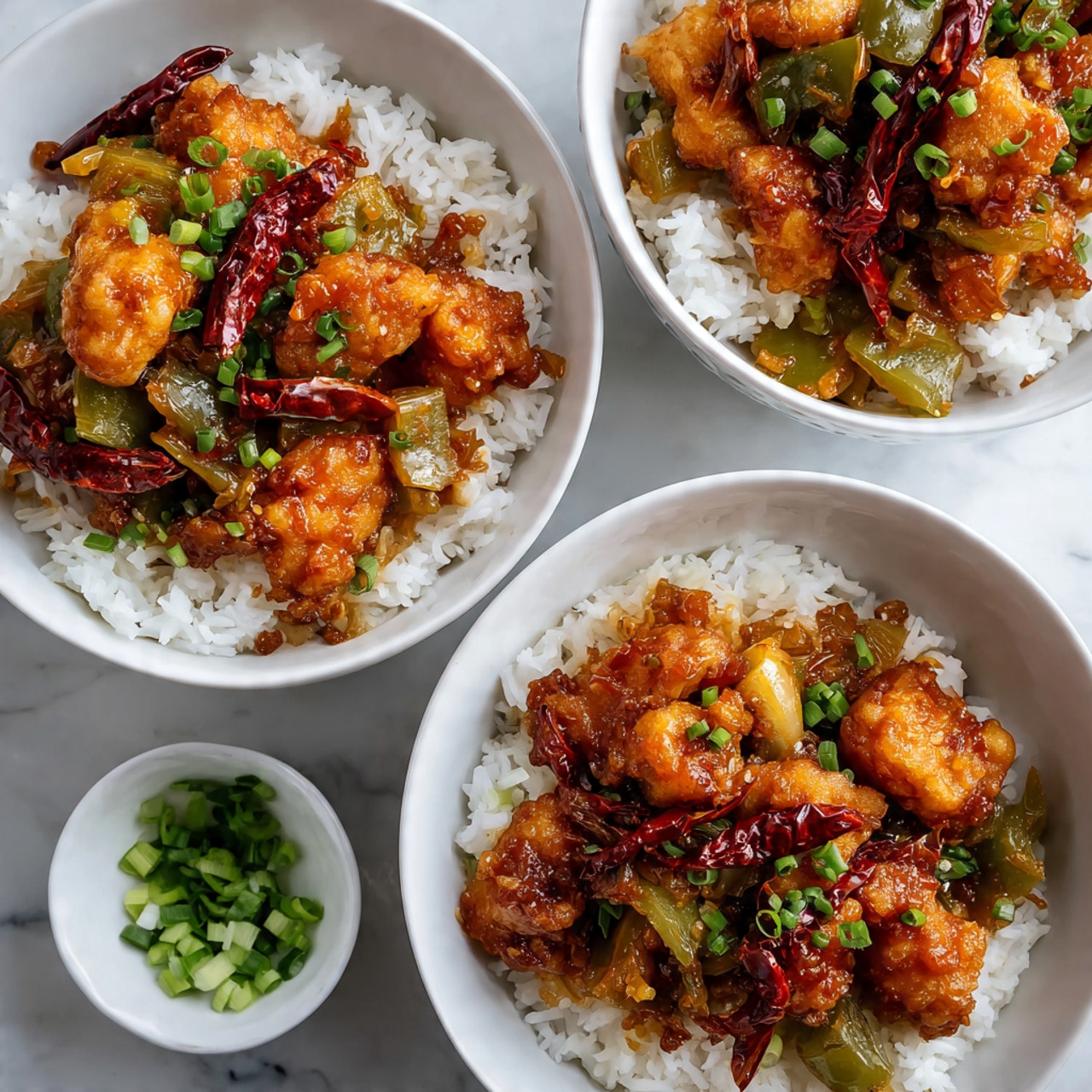 Three white bowls are shown on a white marbled surface. Each bowl has a base layer of fluffy white rice topped with pieces of golden fried chicken coated in a shiny reddish-brown sauce. Mixed in with the chicken are chunks of green bell peppers and translucent cooked onion pieces, adding green and light brown colors. Some dried red chili peppers are scattered within the chicken mixture. Small pieces of chopped green onion are sprinkled on top of the chicken in the foreground bowl. One small white bowl with some chopped green onions sits between the larger bowls. Photo taken with an iphone --ar 4:5 --v 7