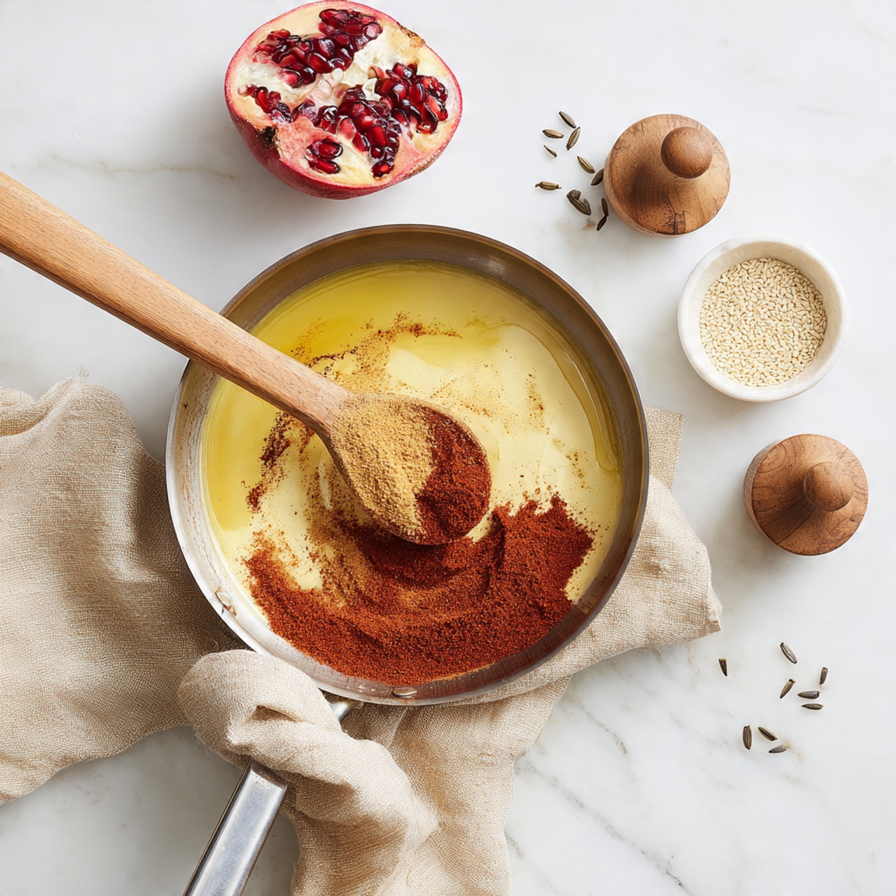 A black oval plate sits on a white marbled surface filled with two large cooked orange-brown fish fillets placed on a bed of fresh green arugula with scattered parsley leaves. The fillets are topped and surrounded by thin circular slices of bright orange and deep red-purple blood oranges. Small bright red pomegranate seeds are scattered over the fish and greens, adding texture and color. Around the plate are small white dishes holding pomegranate seeds and dark brown sauce, a bowl of sliced green cucumbers, a dark bowl of white rice with green garnish, a small blue plate of citrus slices, and three silver forks resting on a beige cloth napkin. Fresh parsley sprigs are also visible, enhancing the overall fresh and vibrant look photo taken with an iphone --ar 4:5 --v 7
