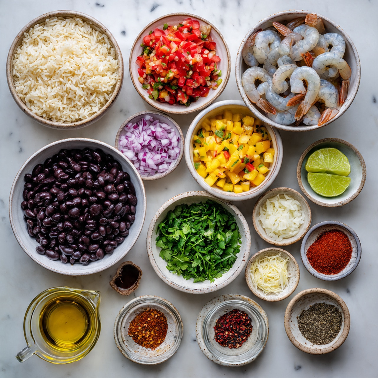 The image shows an overhead view of ingredients arranged neatly on a white marbled surface. There are 14 small white bowls and dishes, each holding different items: daylight beige cooked rice in a large bowl, raw gray shrimp in a large bowl, black beans in a large bowl, chopped red tomatoes mixed with yellow mango in a small bowl, bright green chopped cilantro in a small bowl, finely chopped red onions in a small bowl, minced garlic on a small dish, lime zest in a small dish, clear liquid in a small glass bowl, golden oil in a small glass measuring cup, and several small bowls with dry spices including red chili flakes, paprika, chili powder, oregano, salt, and black pepper. The textures vary from soft and wet to dry and powdery, arranged in a loose circular pattern. Photo taken with an iphone --ar 4:5 --v 7