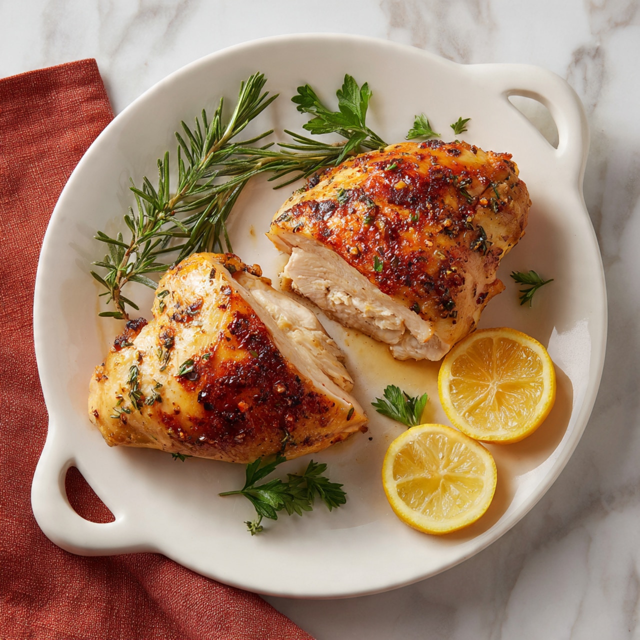 Two sliced cooked chicken pieces with golden brown skin are placed side by side on a white plate with handles. Around the chicken, there are green sprigs of rosemary and parsley. Two lemon halves, yellow and juicy, are on the plate, one near the top right chicken piece and the other near the bottom left chicken piece. The plate is set on a white marbled surface with a small part of a rust-colored cloth visible at the bottom left corner. photo taken with an iphone --ar 4:5 --v 7