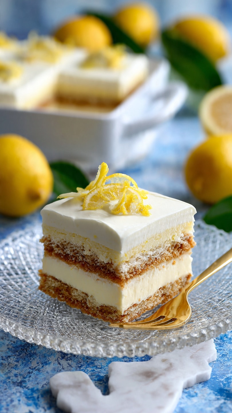The image shows a square piece of layered lemon dessert on a clear textured glass plate, placed on a blue and white patterned surface. The dessert has four visible layers: three thin light brown cake layers alternating with two creamy white layers in between, and topped with a thick, smooth white cream layer. A thin lemon slice and small lemon zest pieces decorate the top. Next to the dessert is a gold fork resting on the plate. In the blurred background, there is a white rectangular glass dish with more of the same dessert and some whole lemons with green leaves on the side. The setting is bright and fresh-looking with a white marbled texture beneath the plate. photo taken with an iphone --ar 4:5 --v 7