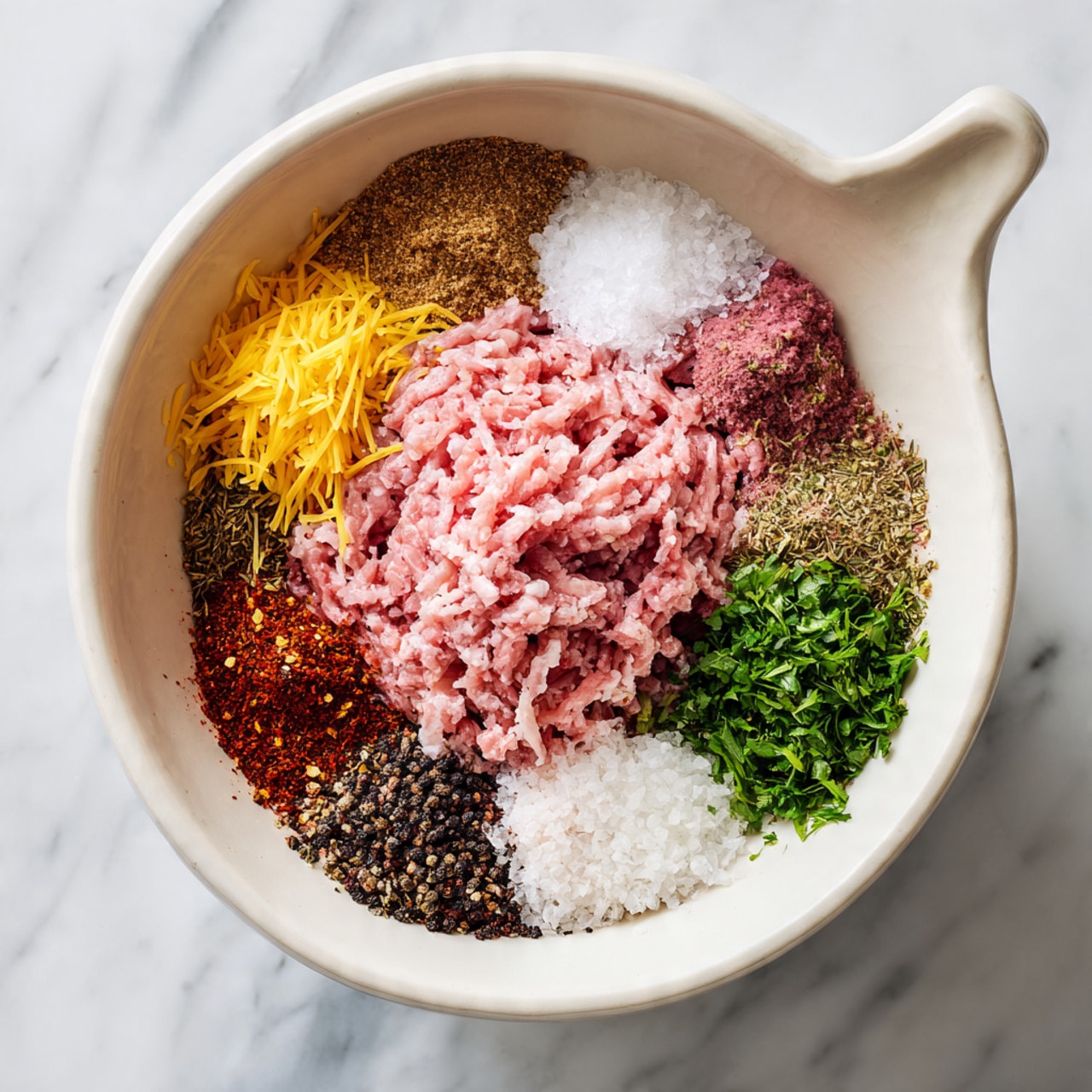 The image shows two pieces of white flatbread placed on a large white plate with slight speckles. Each flatbread is topped with a layer of green sauce, grilled dark brown meat pieces, fresh green cucumber slices, red cherry tomato halves, thin slices of red onion, and chopped fresh green herbs. There are two lemon wedges near the top right side of the plate. A green glass filled with a clear beverage is placed near the top right corner of the image. A small white bowl with a creamy light green sauce sits in the upper left corner. Everything is set on a white marbled surface. Photo taken with an iphone --ar 4:5 --v 7