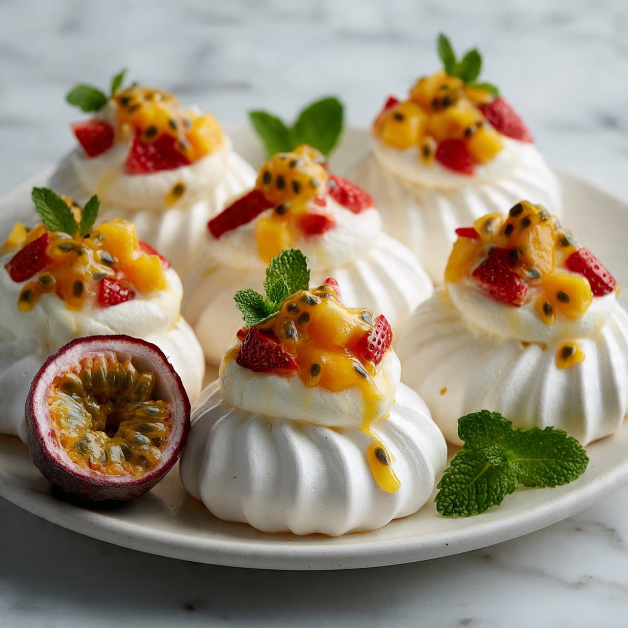 The image shows small pavlova desserts with three clear layers. The bottom layer is a round white meringue base with a swirled texture. The middle layer is a thick, smooth, creamy white topping. The top layer has red strawberries, red raspberries, blue blueberries, and small green mint leaves, with some powdered sugar dusted on top and around. These pavlovas are arranged on a long oval white plate set on a white marbled surface. Extra berries and mint leaves are scattered on the surface near the plate, along with a small metal sieve holding powdered sugar. photo taken with an iphone --ar 4:5 --v 7