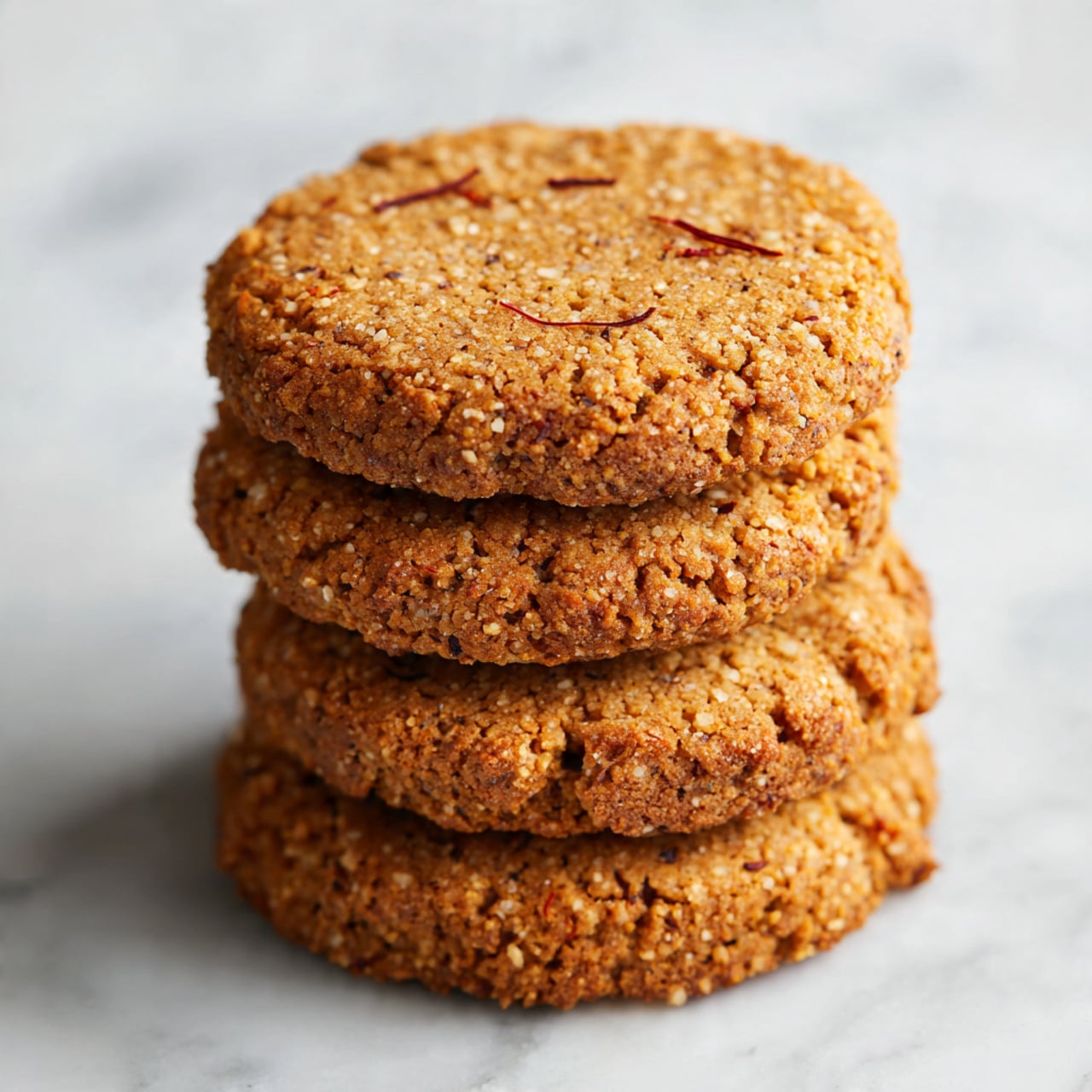 A stack of four round, light brown cookies with a crumbly texture is placed on a white marbled surface. Each cookie has a rough, grainy look with small cracks and uneven edges. The top cookie shows a few thin, dark red strands on its surface, adding a subtle detail. The cookies are stacked neatly, one on top of the other, in the center of the image. The background is mostly out of focus, highlighting the cookies clearly. photo taken with an iphone --ar 4:5 --v 7