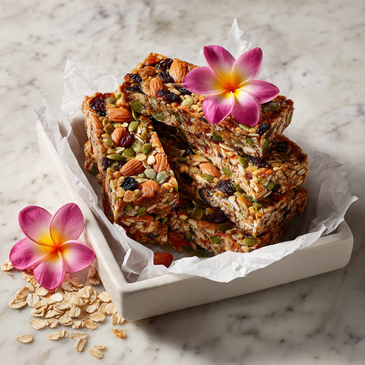 The image shows a close-up of two thick granola bars held between a woman's fingers. Each bar is packed with visible whole almonds, dark raisins, green pumpkin seeds, and light brown rolled oats mixed together in a chewy, sticky golden base. The granola bars have a rough, natural texture with irregular shapes of nuts and seeds scattered throughout, giving a rich and wholesome look. The background is a soft grey, contrasting with the bars, and the woman's hand gently holds one bar upright while the other is angled slightly nearby. photo taken with an iphone --ar 4:5 --v 7