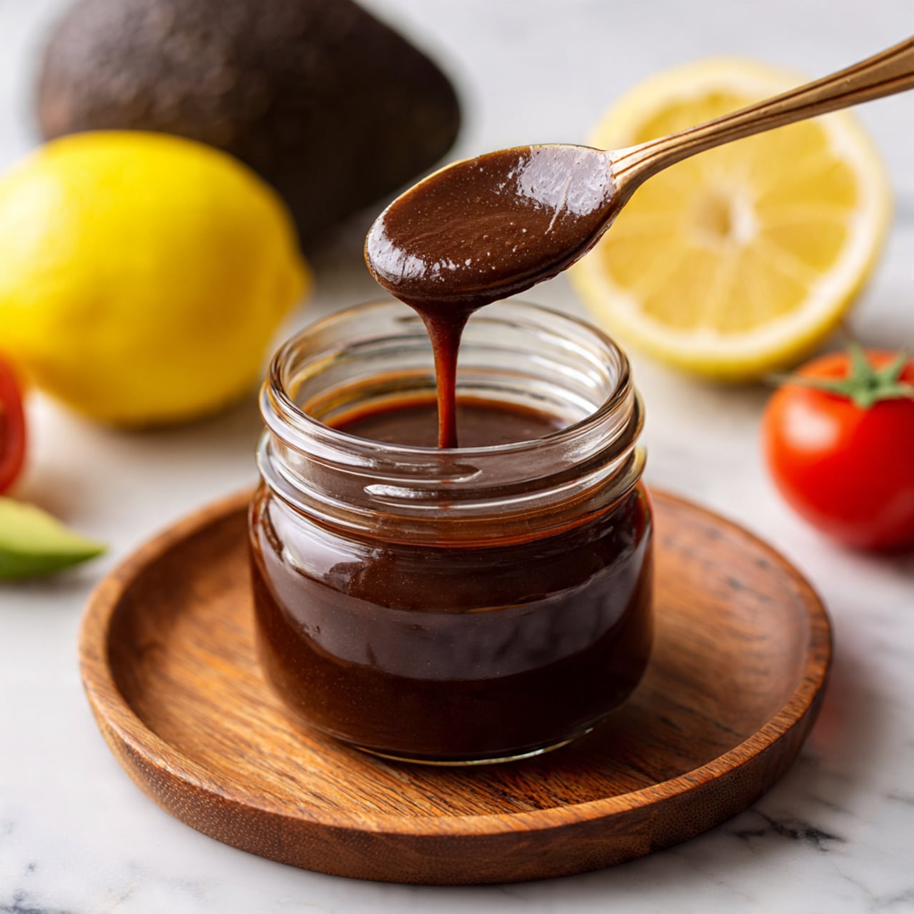 A small glass jar filled with thick, dark brown sauce is placed on a round wooden plate. A spoon is lifting the sauce from the jar, showing its smooth and shiny texture as it drips back down. In the blurred white marbled background, there is a dark brown avocado on the left, a yellow lemon cut in half in the center, and a red tomato on the right. The photo is taken with an iphone --ar 4:5 --v 7