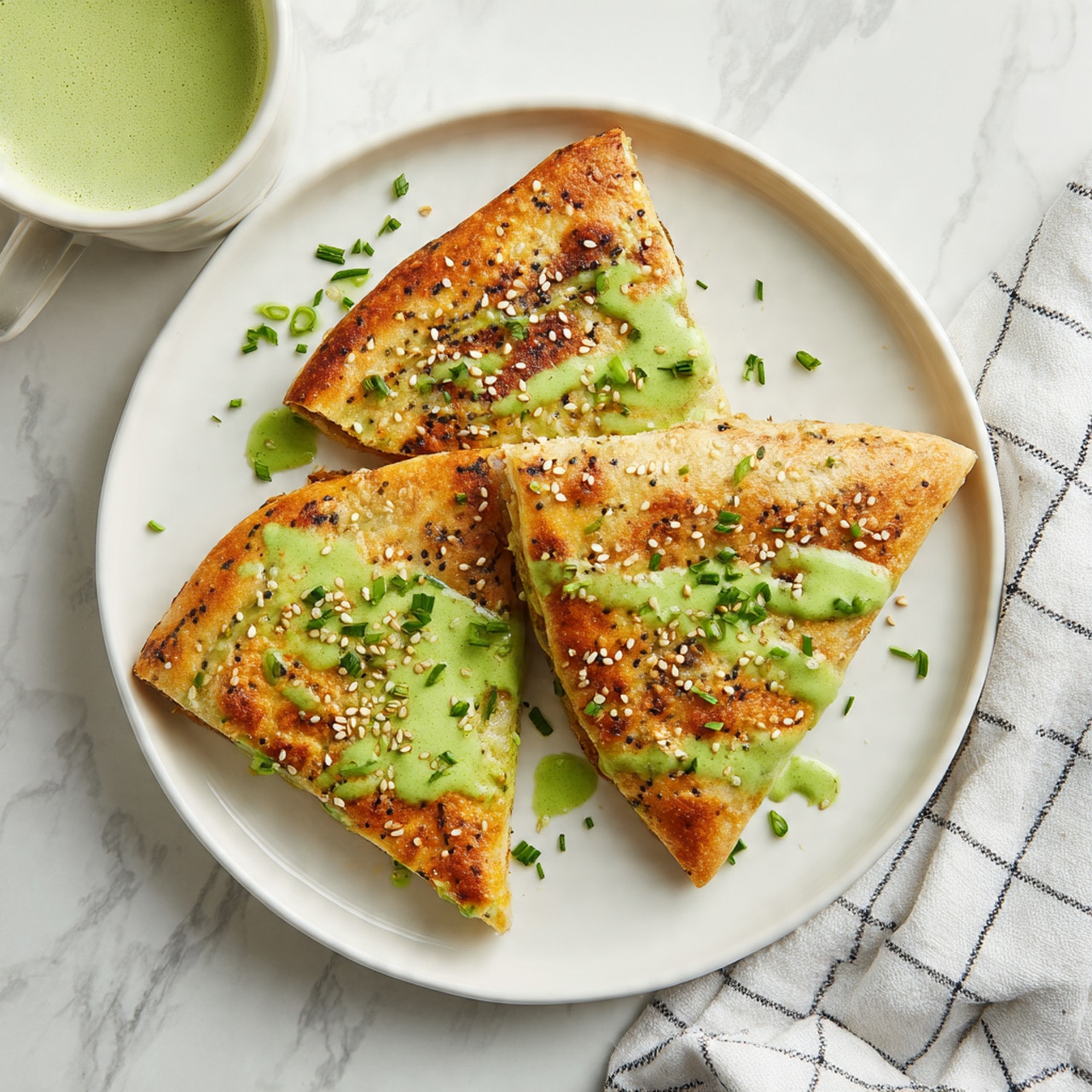 The image shows four pieces of flatbread with a golden brown top layer, sprinkled with white sesame seeds and small green herb bits. The flatbread has a soft, slightly chewy texture with some darker toasted spots scattered across the surface. The pieces are laid out on crinkled white paper, placed on a white marbled surface. To the top left, there is a white bowl holding a light green creamy sauce with bubbles on the surface and a spoon inside. The overall look is warm, inviting, and fresh. photo taken with an iphone --ar 4:5 --v 7
