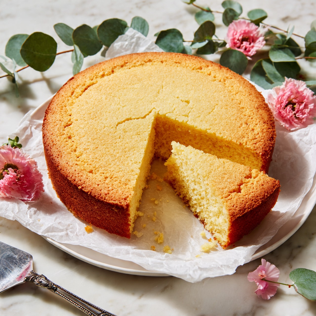 A single-layer golden brown round cake sits on white parchment paper on a white plate, with one wedge-shaped slice removed and placed slightly in front, showing its soft, light yellow inside texture. The surface of the cake is smooth with slight crackles, surrounded by three soft pink flowers and green eucalyptus leaves on a white marbled surface. A metal cake server is placed to the left of the plate. Photo taken with an iphone --ar 4:5 --v 7
