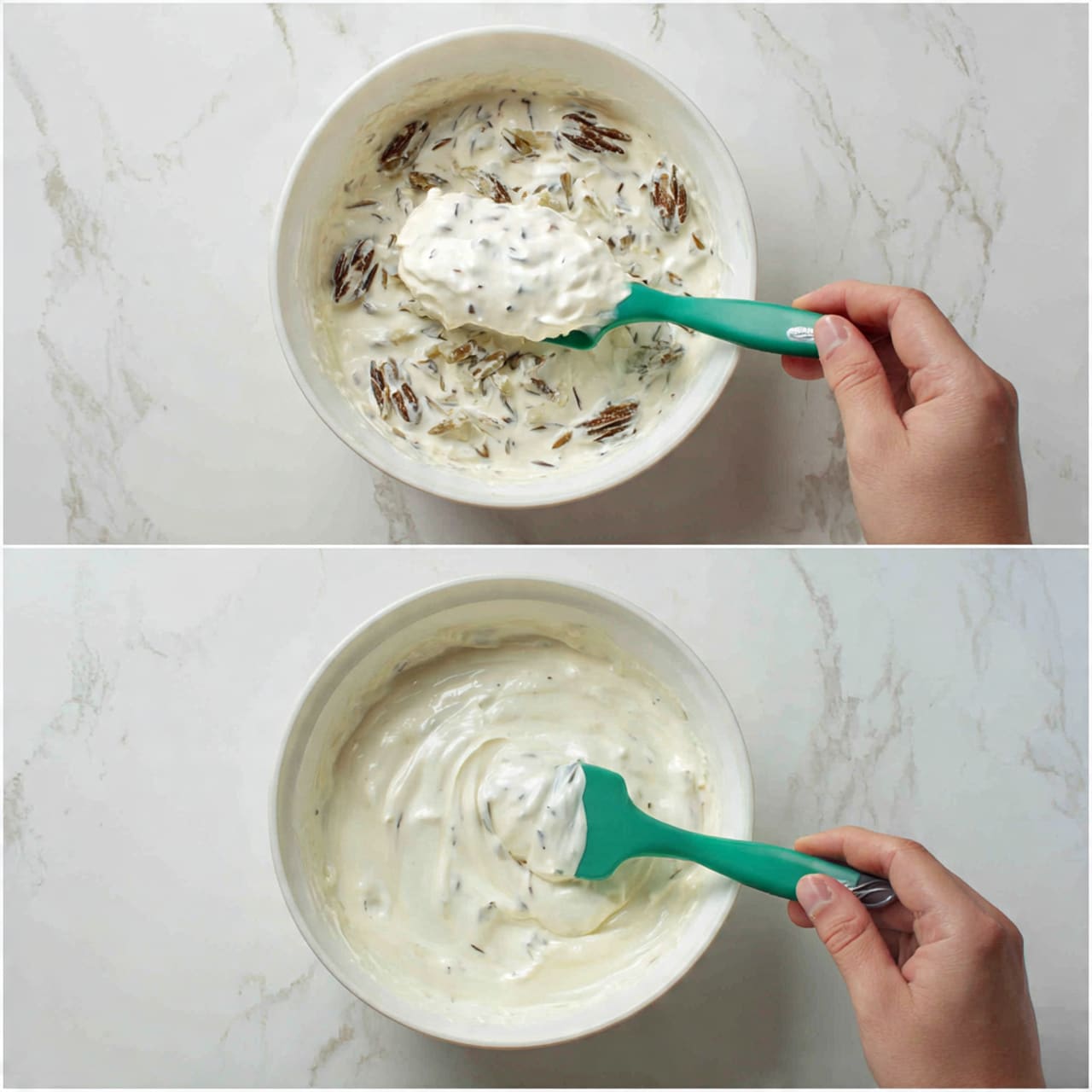 A close-up view of creamy light beige ice cream studded with small pieces of dark and golden brown chunks, scooped with a metal ice cream scoop resting in a rectangular glass container. The ice cream has a smooth texture with visible mix-ins spread evenly throughout. The background is a white marbled texture. photo taken with an iphone --ar 4:5 --v 7