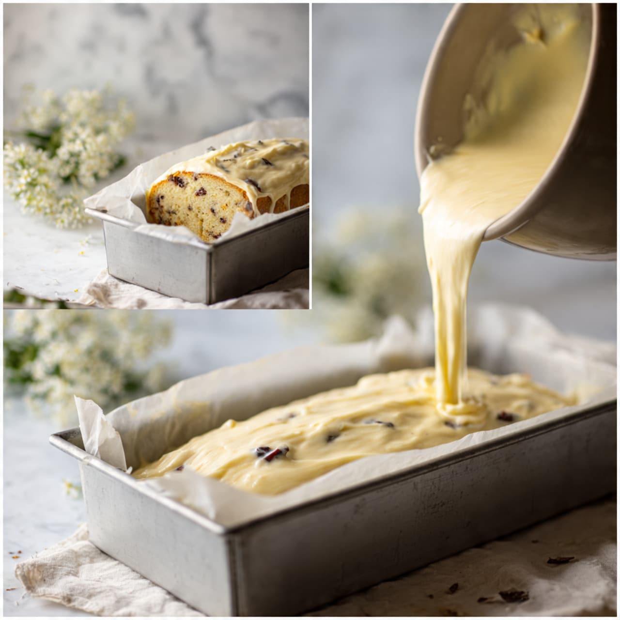 A thick loaf of blueberry cake is shown on a wooden board on a white marbled surface. The cake has two visible layers, the inside is a light yellow color with dark purple blueberries scattered throughout. The outside layer is a smooth shiny white icing covering the top and sides. On top of the icing, there are a few fresh whole blueberries and a thin yellow lemon slice for decoration. Some blueberries have fallen around the base of the cake. Photo taken with an iphone --ar 4:5 --v 7
