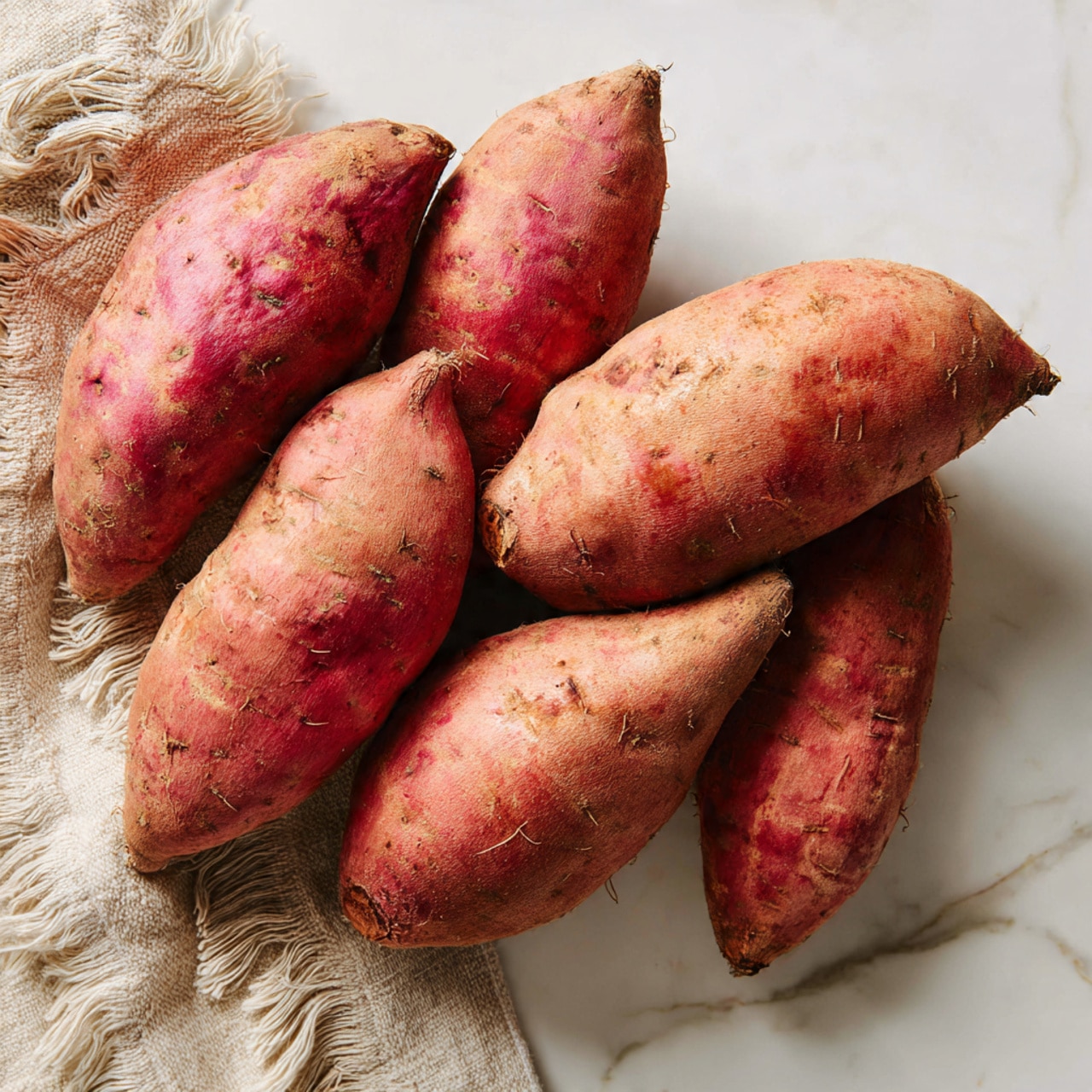 A round white plate on a white marbled surface holds six golden brown chocolate chip muffins arranged in a circle, with one muffin in the center slightly overlapping the others. Each muffin has a slightly rough texture with visible cracks and is topped with several dark brown chocolate chips that are scattered unevenly across the surface. The plate sits on a wooden round board that adds a natural contrast to the scene. Photo taken with an iphone --ar 4:5 --v 7
