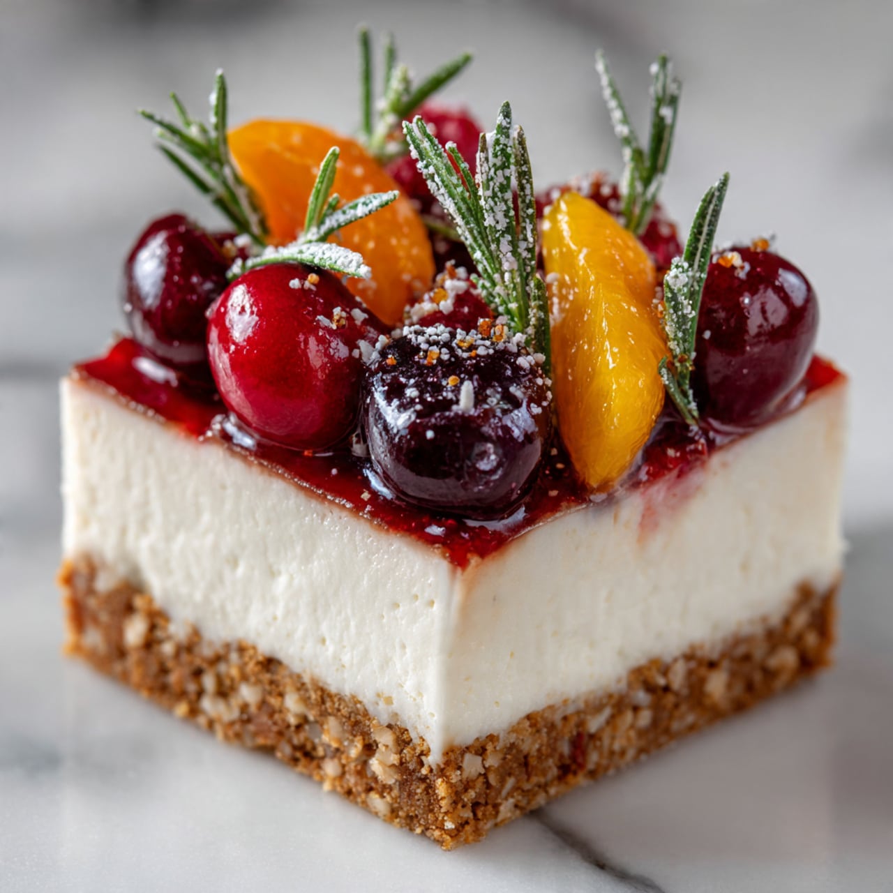 A rectangular dessert sits on a wooden board with a white marbled background. The bottom layer is a light, thin cake. On top, there is a thick, smooth white cream spread with soft peaks around the edges. The cream is covered with a mix of fresh berries including red raspberries, dark blackberries, and deep purple blueberries, along with some whole small red fruits. Orange slices are placed standing vertically among the berries, adding bright splashes of color. Green pine sprigs are scattered throughout the topping, and a light dusting of powdered sugar covers the berries and cream, giving a fresh, frosted look. Some raspberries and greenery are casually placed on the board around the dessert. Photo taken with an iphone --ar 4:5 --v 7