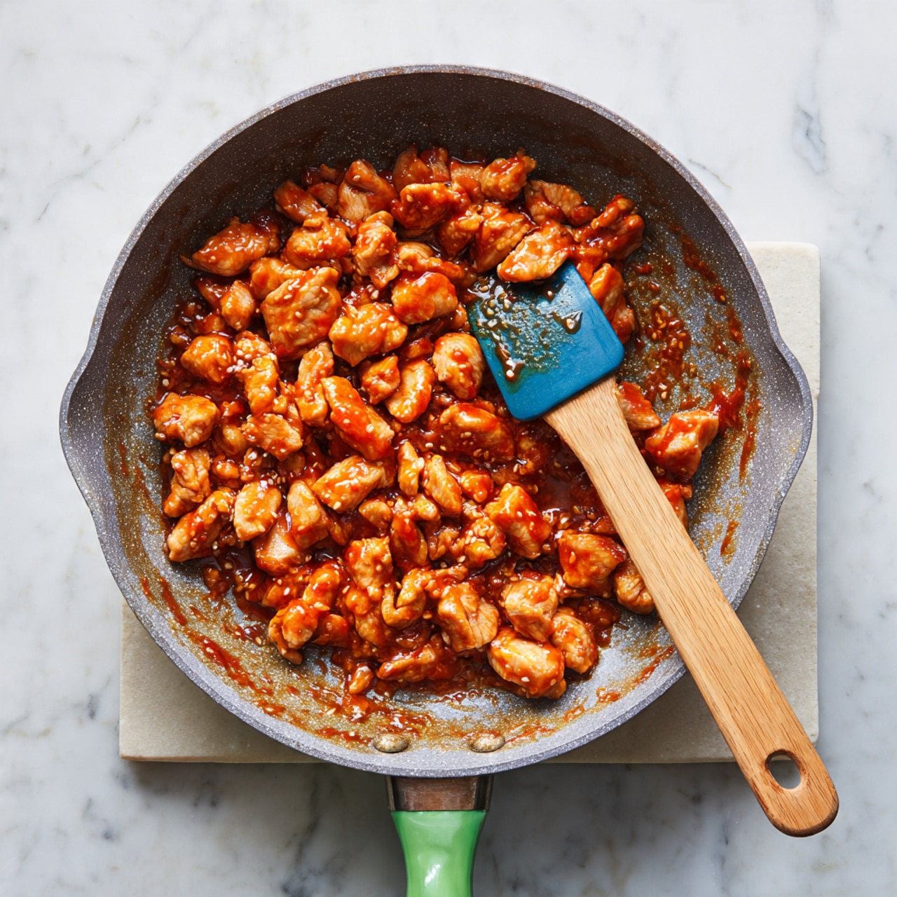 A stack of three sandwich halves is shown being held by a woman's hand. Each sandwich is made with toasted white bread, and layered from bottom to top includes fresh green lettuce, slices of red tomato, a layer of grilled chicken coated in a reddish sauce, a thin layer of pale yellow omelette, more tomato slices, and more lettuce. The sandwiches are held together with toothpicks, and behind them, more triangular sandwich halves sit on a white marbled surface. The bread's edges are golden brown and slightly crispy, and the filling layers are thick and moist, showing clear texture contrasts. photo taken with an iphone --ar 4:5 --v 7