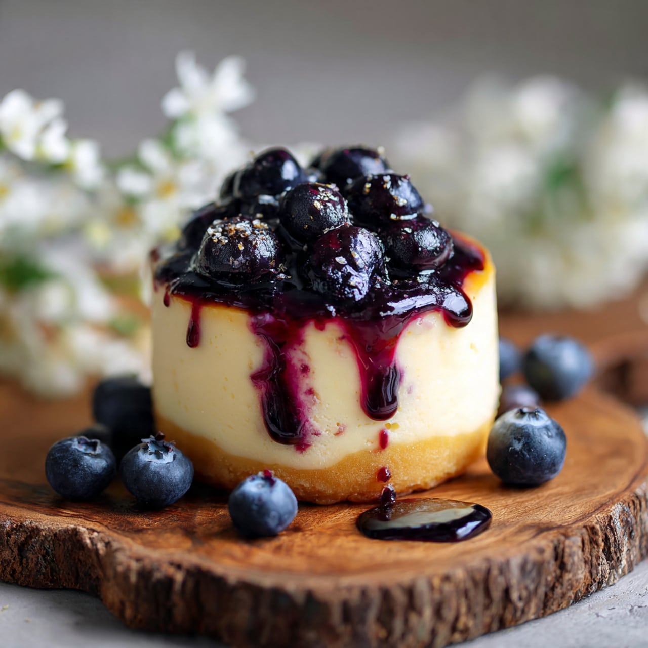 A round dessert with two clear layers sits on a rough wooden board: the bottom layer is light beige and looks soft and cake-like, while the top layer is creamy and pale yellow with dark purple streaks and spots of a berry sauce. Fresh blueberries, dark blue and shiny, are generously scattered on top and around the dessert. The sauce drips down the sides, adding rich purple color that contrasts with the creamy yellow. The background has a soft focus, with out-of-focus white flowers hinting at a calm setting. photo taken with an iphone --ar 4:5 --v 7