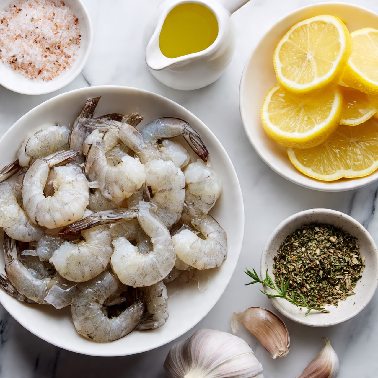 The image shows a white plate with two main parts: on the left, a colorful orzo salad made with small pasta pieces, chickpeas, chopped cucumber, halved cherry tomatoes, green herbs, and little white cheese crumbs scattered on top; on the right, there are about ten grilled shrimp with orange and light brown char marks, some with slightly blackened tips on the tails, arranged closely together. The plate sits on a white marbled surface, and part of a blue cloth with a pattern is visible in the bottom right corner. Photo taken with an iphone --ar 4:5 --v 7