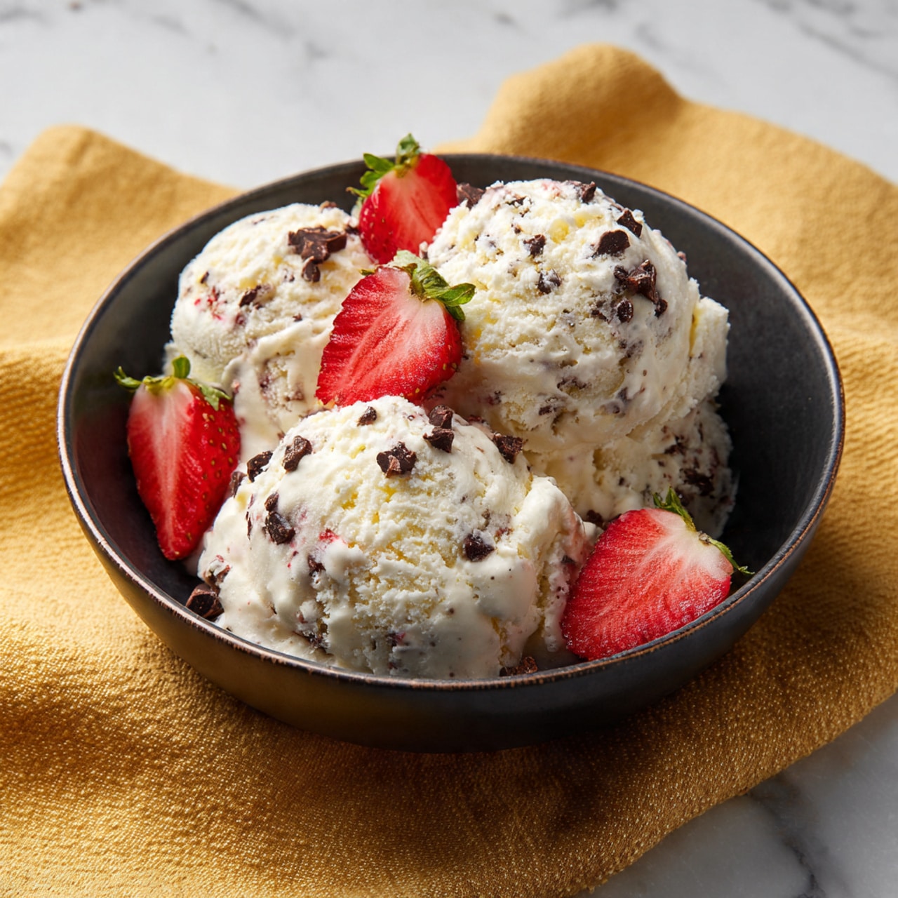 The image shows a dark bowl filled with three scoops of light cream-colored ice cream. Each scoop has a rough texture and uneven surface, topped with small dark chocolate chips scattered on and around the ice cream. Bright red strawberry halves with green stems are placed on top of the ice cream scoops, adding a fresh and vibrant color contrast. The bowl sits on a white marbled surface, with a mustard yellow textured cloth partly underneath the bowl. photo taken with an iphone --ar 4:5 --v 7