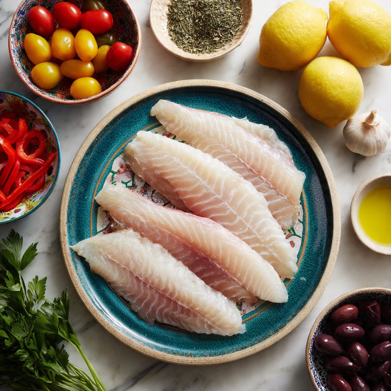 The image shows four pieces of raw white fish fillets layered on a round white plate with a turquoise inner surface and dark blue rim, with the top fillet centered and slightly overlapping the others, showing pale pink and white textures with visible muscle lines. Around the plate, there are bowls and items placed on a white marbled surface: a bowl with small red and yellow tomatoes in the top left, two bright yellow lemons above the plate, fresh green parsley and a bulb of garlic to the right, a small white bowl with dried herbs, a small container with yellow oil, a bowl with dark purple olives below the plate, and sliced red bell peppers in a white bowl with a dark rim at the bottom left. Photo taken with an iphone --ar 4:5 --v 7