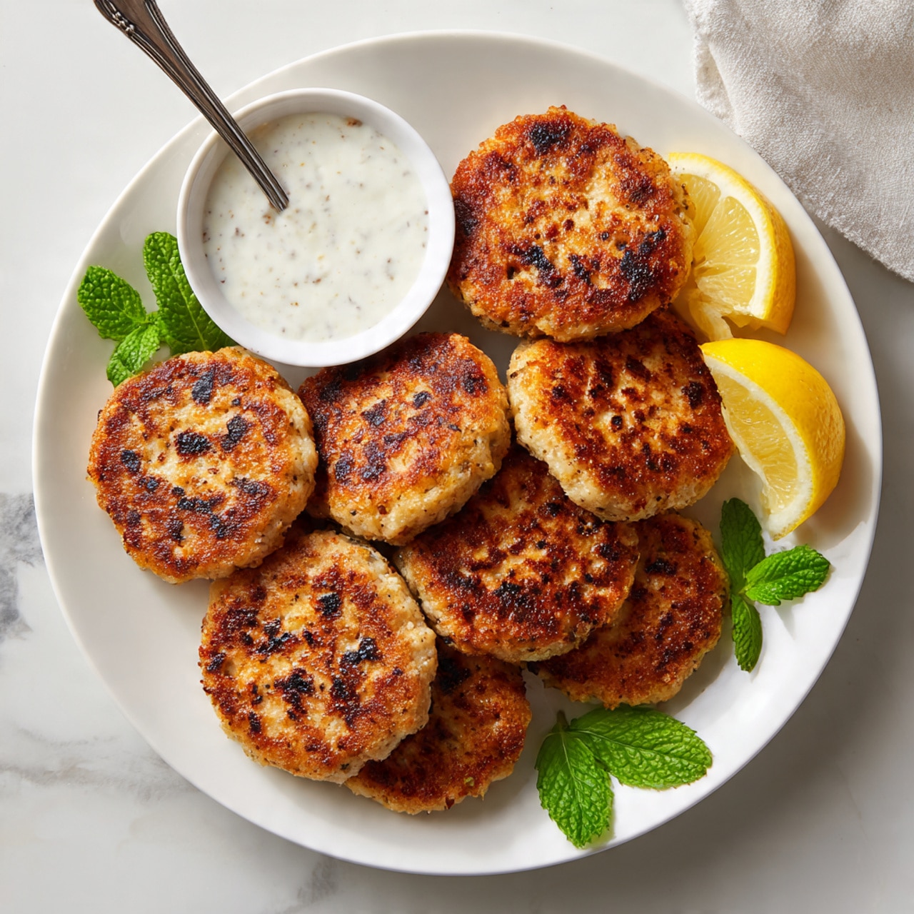 A white plate sits on a white marbled surface, holding a single thick, round, golden brown patty with a crispy, textured top layer that looks slightly uneven and browned in spots. To the right of the patty is a smooth dollop of white sauce that has a shiny, creamy texture with small green herb bits visible inside. A small mint leaf rests near the edge of the sauce on the plate. In the background, slightly out of focus, a white bowl with a spoon inside contains more of the white sauce. Photo taken with an iphone --ar 4:5 --v 7