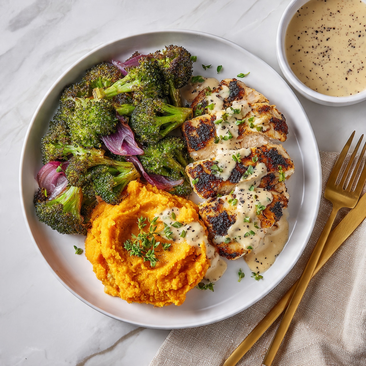 The dish has three main parts on a white plate. On the left, there is a pile of green roasted broccoli with some purple onion pieces mixed in. In the middle, there are two pieces of grilled chicken with dark grill marks, drizzled with a light creamy sauce and sprinkled with small green herbs. On the bottom right, there is a scoop of bright orange mashed sweet potatoes also topped with the same light sauce and a few green herb leaves. A gold fork and knife are placed on the right edge of the plate, resting on a beige cloth, all sitting on a white marbled surface. A white bowl filled with light-colored sauce with black specks is partially visible at the top right. photo taken with an iphone --ar 4:5 --v 7