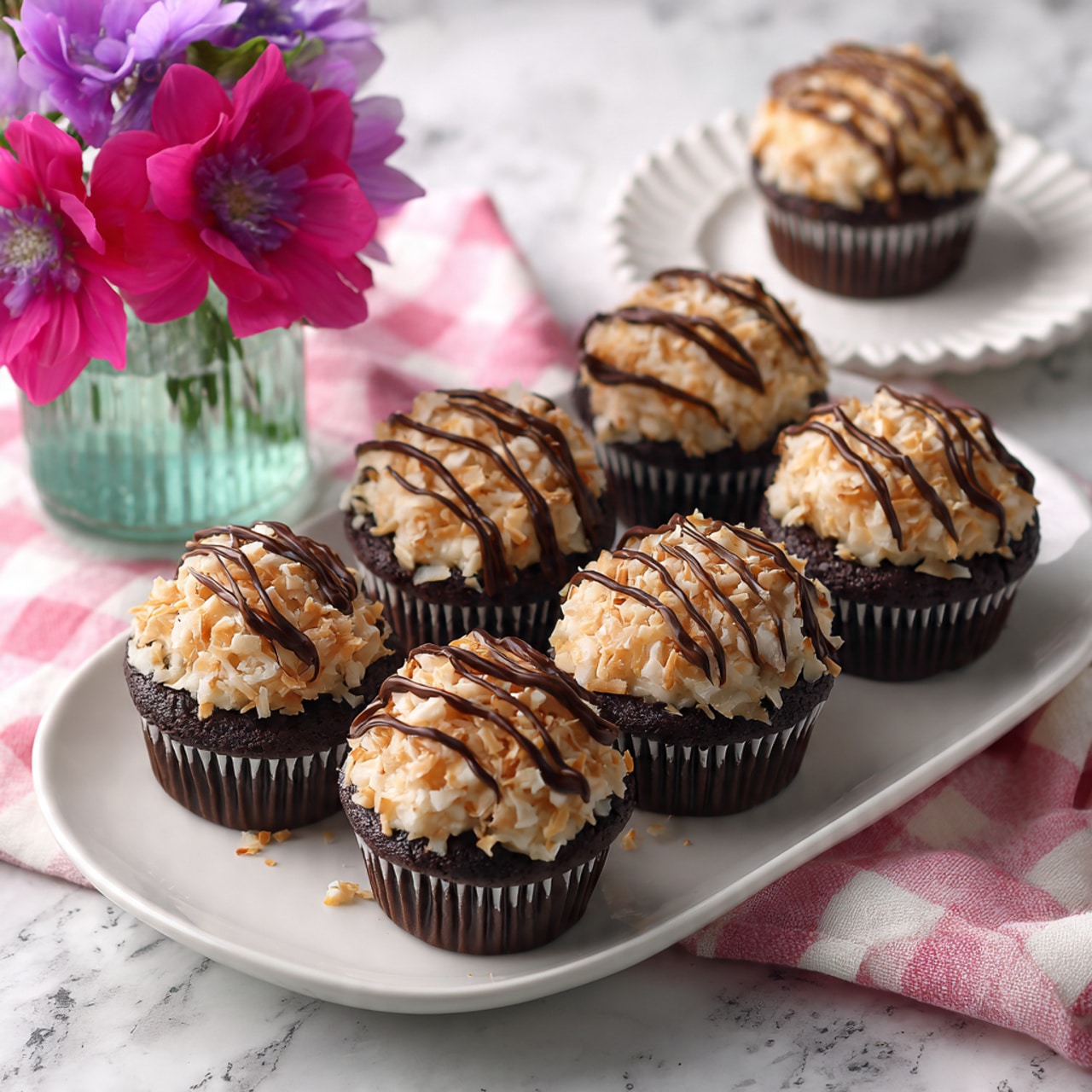 A single chocolate cupcake is placed on a small white flower-shaped plate with a speckled texture, sitting on a brown and cream checkered cloth over a white marbled surface. The cupcake has two layers: a dark brown base with a textured paper liner and a thick top layer of light tan coconut mixture with visible shredded coconut strands. Dark chocolate drizzle is spread across the coconut layer in thin lines. In the background, a white oval plate holds multiple similar cupcakes, and a small glass vase with green stems and pink, purple, and yellow flowers is placed to the right. Photo taken with an iphone --ar 4:5 --v 7