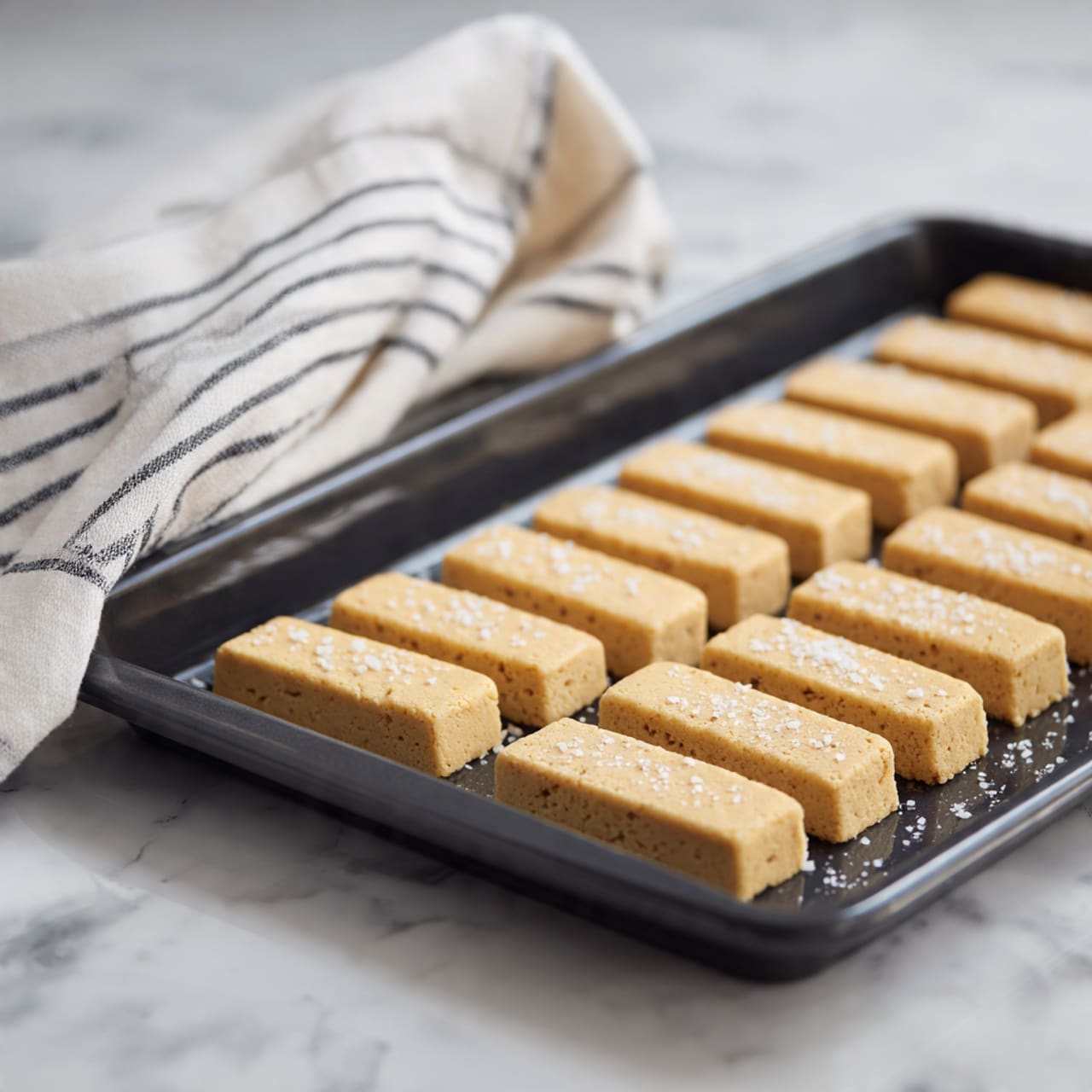 The image shows a dark baking tray sitting on a white marbled surface. On the tray, there are two rows of rectangular, pale yellow dough strips neatly lined up. Each strip has visible sugar granules sprinkled on top, adding a grainy texture. The dough strips are evenly cut and stacked in layers, with a slightly thicker bottom layer and a thinner top layer, creating a two-layered look. In the background, a white tea towel with thin black stripes is partially visible, slightly out of focus, adding a soft touch to the scene. Photo taken with an iphone --ar 4:5 --v 7
