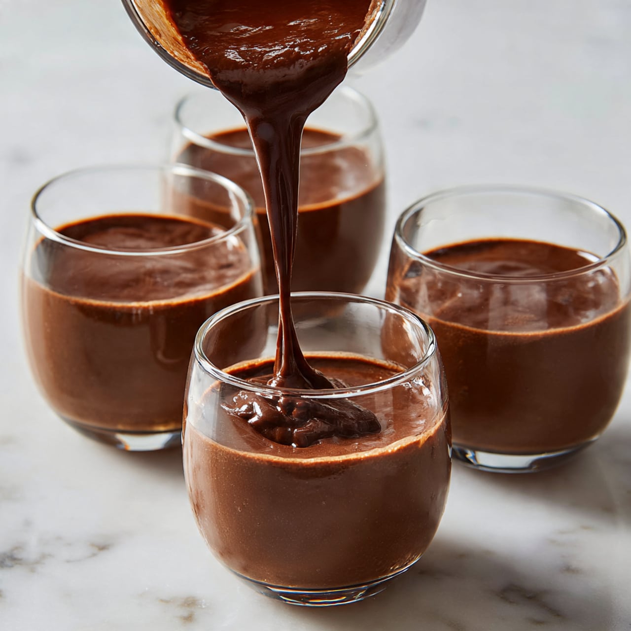 A clear glass bowl holds two main layers, the bottom being a thick, dark chocolate mousse with a smooth and creamy texture, topped by a generous dollop of white whipped cream. The whipped cream is soft and fluffy, contrasting with the rich, dense chocolate layer beneath. Dark chocolate shavings are sprinkled over the whipped cream, adding a slight rough texture and a deeper color contrast. A golden spoon is scooping into the mousse near the front edge of the glass, showing the thick chocolate texture. The background is a soft, light pink with a white marbled texture surface below the bowl photo taken with an iphone --ar 4:5 --v 7