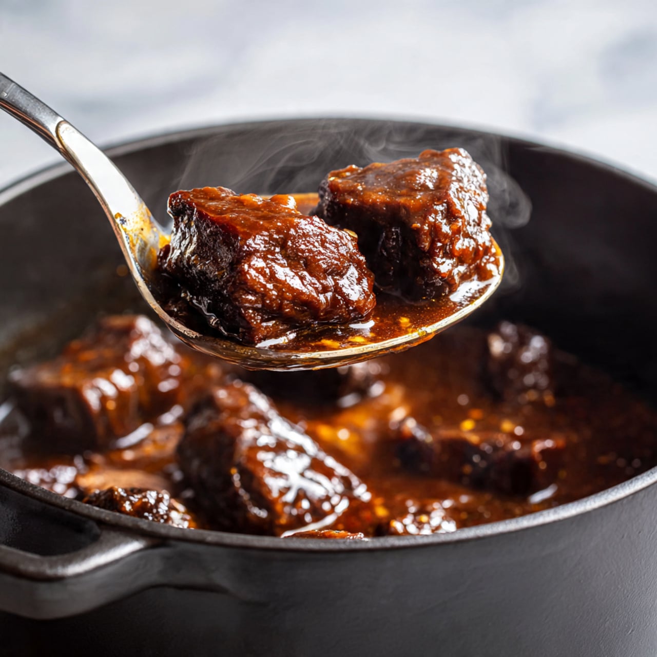 The image shows a white bowl filled with two main layers side by side. On the left side, there is a layer of orange-colored rice with small bits of seasoning mixed in, giving it a slightly grainy texture. On the right side, there is a thick dark brown stew with large chunks of tender meat coated in a rich glossy sauce. The meat pieces are garnished with small green cilantro leaves scattered over the top. In the lower left corner inside the bowl, there are a few thin slices of white radish with pink edges. The bowl is placed on a white marbled surface with some whole radishes and sliced cucumber visible near the bowl. The photo taken with an iphone --ar 4:5 --v 7