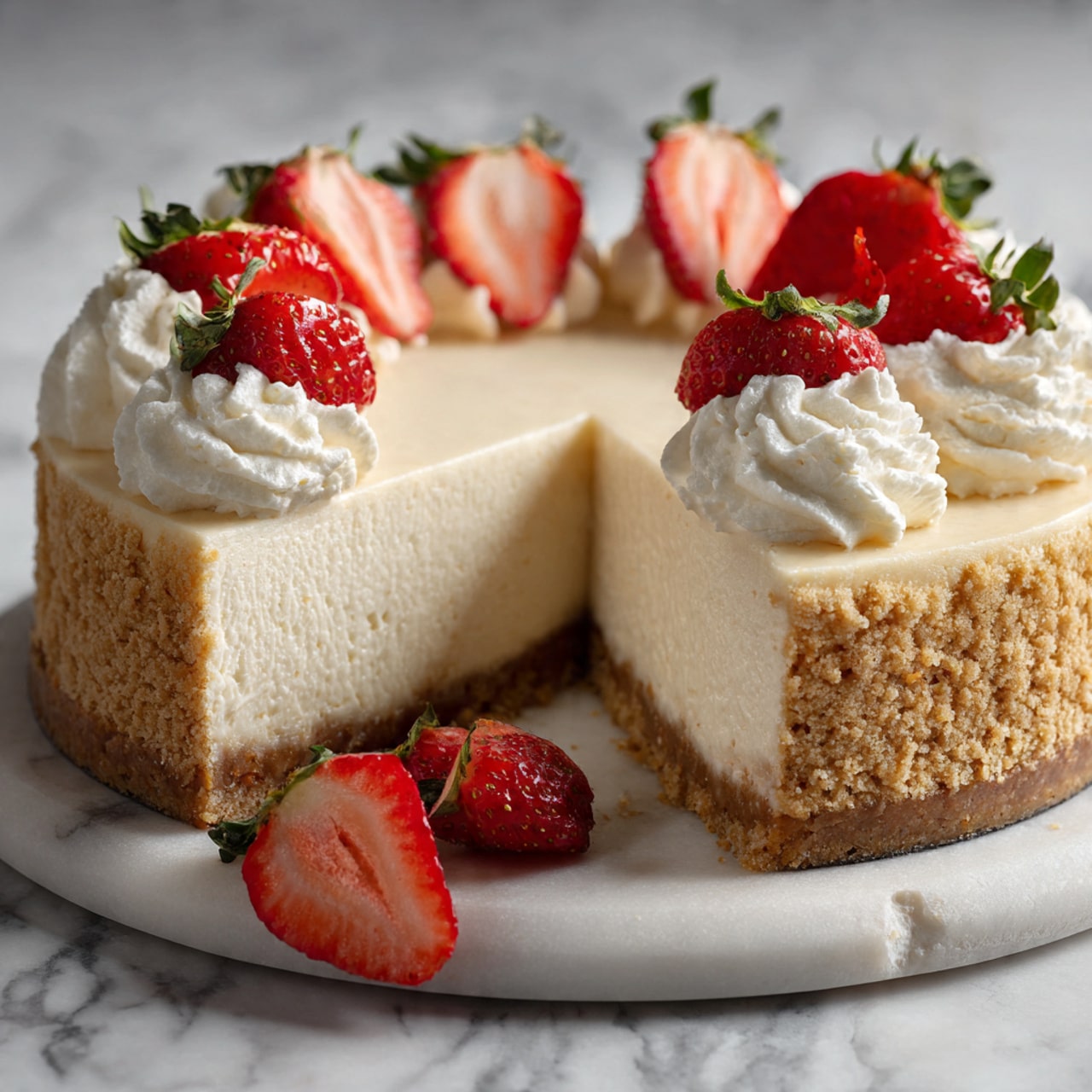 A cheesecake with three visible layers sits on a white marbled surface: the bottom layer is a thick, rough-textured golden brown crust, the middle layer is a smooth, creamy off-white cheesecake filling, and the top layer features dollops of whipped cream evenly placed around the edge, each topped with a fresh red strawberry half with green leaves. One slice is removed showing the inside layers clearly, and a strawberry half lies on the surface in front of the cake. Photo taken with an iphone --ar 4:5 --v 7