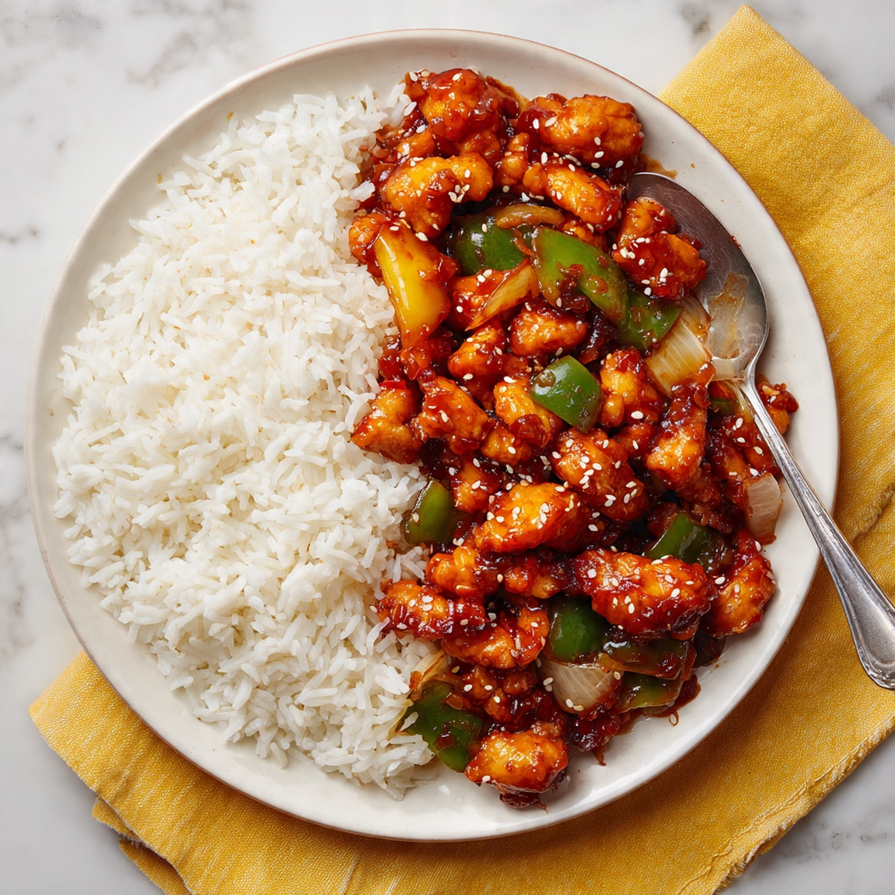 A white bowl filled halfway with fluffy white rice on the left side and golden-brown glazed chicken pieces mixed with green bell pepper chunks and light cooked onion pieces on the right side, sprinkled with white sesame seeds, a silver fork resting on the chicken portion. The bowl sits on a yellow cloth with parts of other similar white bowls containing rice and chicken visible around it, and a white pot with more chicken and vegetables at the top right corner. The background is a white marbled texture. Photo taken with an iphone --ar 4:5 --v 7