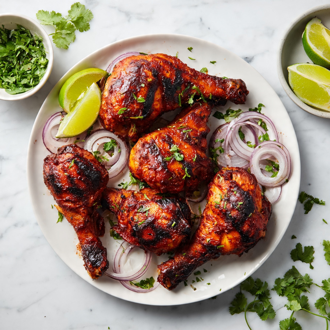 Five raw chicken legs are placed on a round white plate, which is partly sitting on a round wooden board. Each chicken leg is pale pink with smooth, shiny skin and has shallow diagonal cuts on the thick part. The legs are arranged in a circular pattern with the thinner bone ends pointing outward. The background is a white marbled texture. Photo taken with an iphone --ar 4:5 --v 7