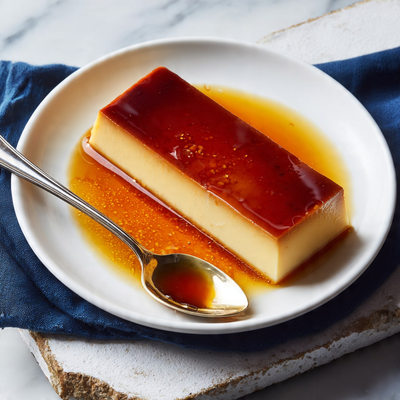 A rectangular flan sits on a white plate, with a smooth, creamy beige base layer and a shiny, deep amber caramel layer on top that gently flows down the sides, pooling around the edges of the plate. The surface of the caramel is glossy and reflective, showing a rich, slightly darker center. The background features a white marbled texture with a dark blue cloth partially visible underneath the plate, and in the blurred background, there are stacked white plates and golden utensils. Photo taken with an iphone --ar 4:5 --v 7
