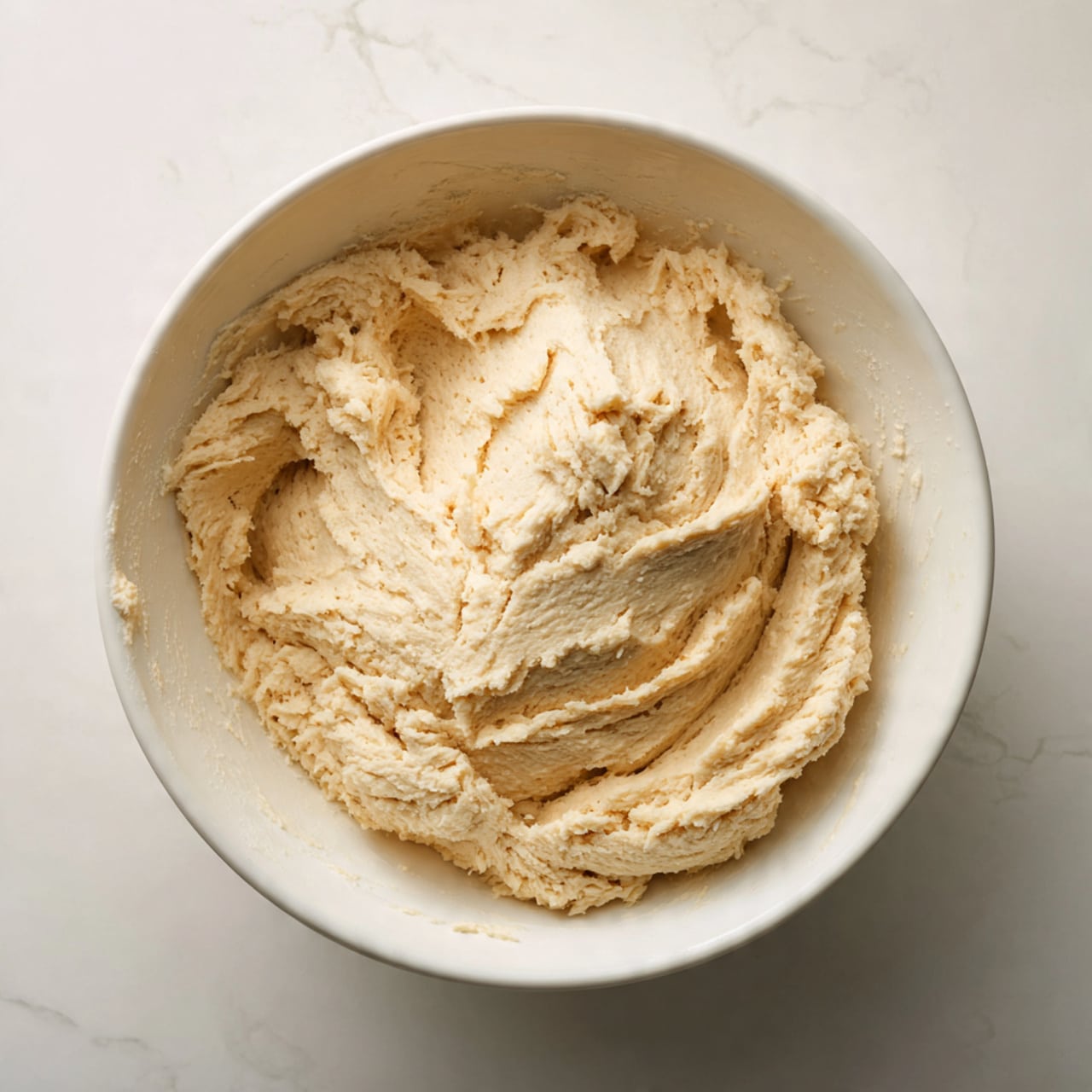A close-up view of a single layer of pale beige dough pressed into a round white bowl. The dough has an uneven surface with some folds and small cracks, showing a soft and slightly rough texture. The bowl sits on a white marbled surface, creating a clean and simple background. photo taken with an iphone --ar 4:5 --v 7