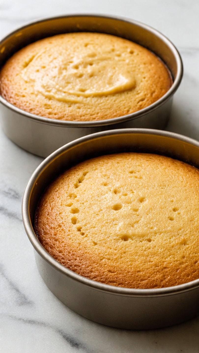 Two round metal cake pans sit on a white marbled surface, each filled with smooth, pale yellow cake batter that looks creamy and thick. In the next image, the pans hold golden brown baked cakes with slightly rough tops that are evenly cooked with small cracks and bubbles, showing a soft and tender texture inside. The pans are positioned close to each other, highlighting the change from raw batter to baked cake. photo taken with an iphone --ar 4:5 --v 7