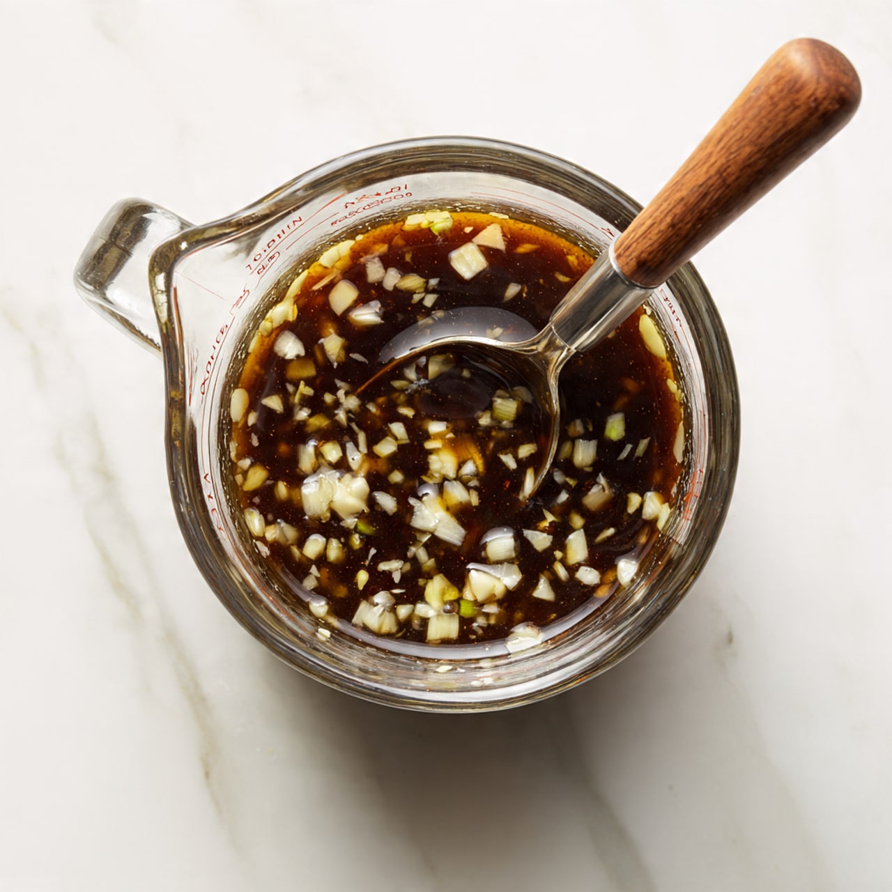 A small clear glass jar filled with a thick, dark brown sauce with a slightly bumpy texture sits on a round wooden plate. A metal spoon is inside the jar with some sauce dripping down the side. In the background, there is a yellow lemon cut in half, a dark brown avocado, and a whole, round red tomato, all placed on a white marbled surface. photo taken with an iphone --ar 4:5 --v 7
