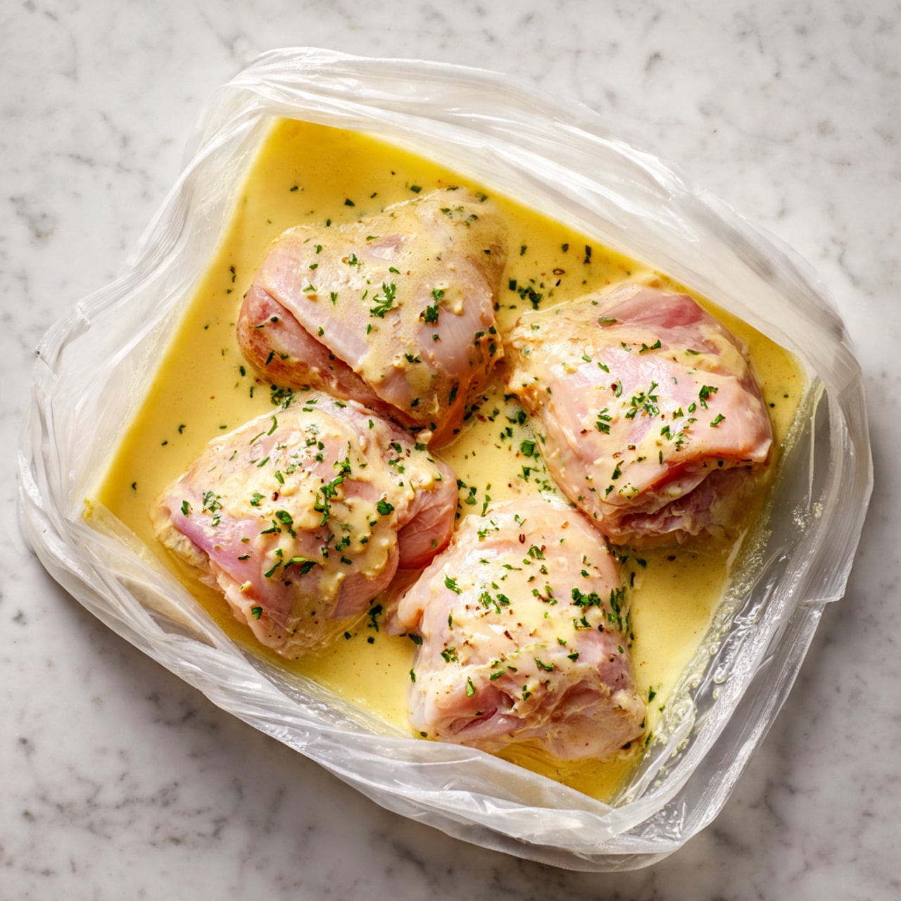The image shows a black baking tray with eight golden-brown cooked chicken thighs arranged in two columns. Each piece has a crispy, slightly charred top layer with bright green sliced scallions and small pieces of purple-red diced onions sprinkled on top. There are thin slices of lime placed intermittently among the chicken pieces, adding a fresh touch. The tray is placed on a white marbled surface, and the edges of the tray show some baked-on juices. Photo taken with an iphone --ar 4:5 --v 7