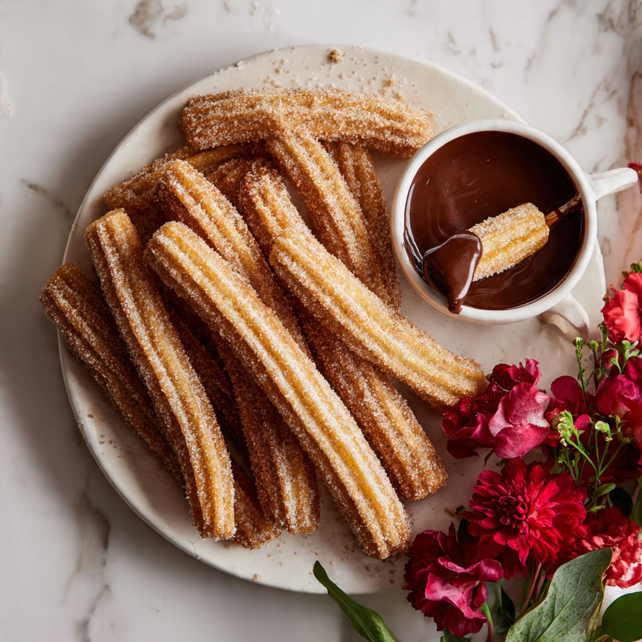 A white plate on a white marbled surface holds about ten golden-brown churros stacked in a slightly messy pile. Each churro has a ridged texture and is coated in sugar, giving them a sparkly look. On the right side of the plate, there is a small white bowl filled with thick, dark chocolate sauce. One churro is dipped into the chocolate with a woman's hand holding it just above the bowl. Deep red flowers and green leaves are placed on the lower right edge of the plate. photo taken with an iphone --ar 4:5 --v 7