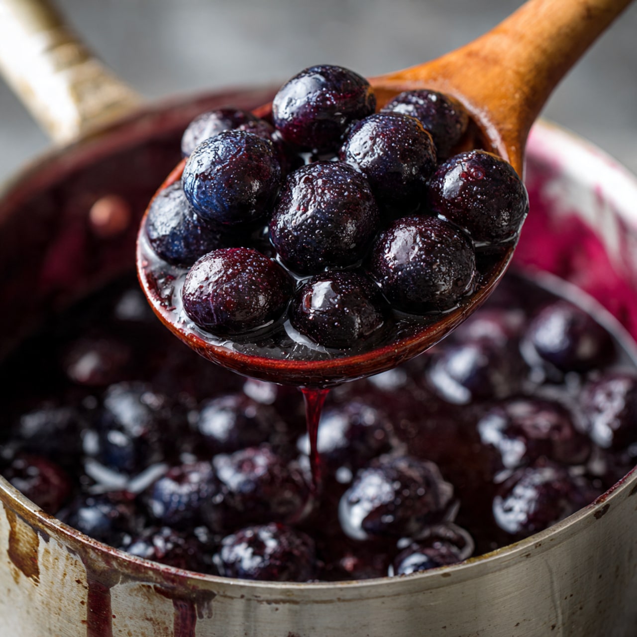 A round blueberry tart with three visible slices, topped with a thick layer of glossy, deep purple blueberries that look juicy and piled high, covering the entire surface except the edges. The tart crust is golden brown, thick, and crumbly, forming a sturdy base and rim around the fruit. The tart sits on a white plate, placed on a white marbled surface. A woman's hand is holding one slice lifted slightly above the tart, showing the texture of the crust and the juicy berry filling. photo taken with an iphone --ar 4:5 --v 7
