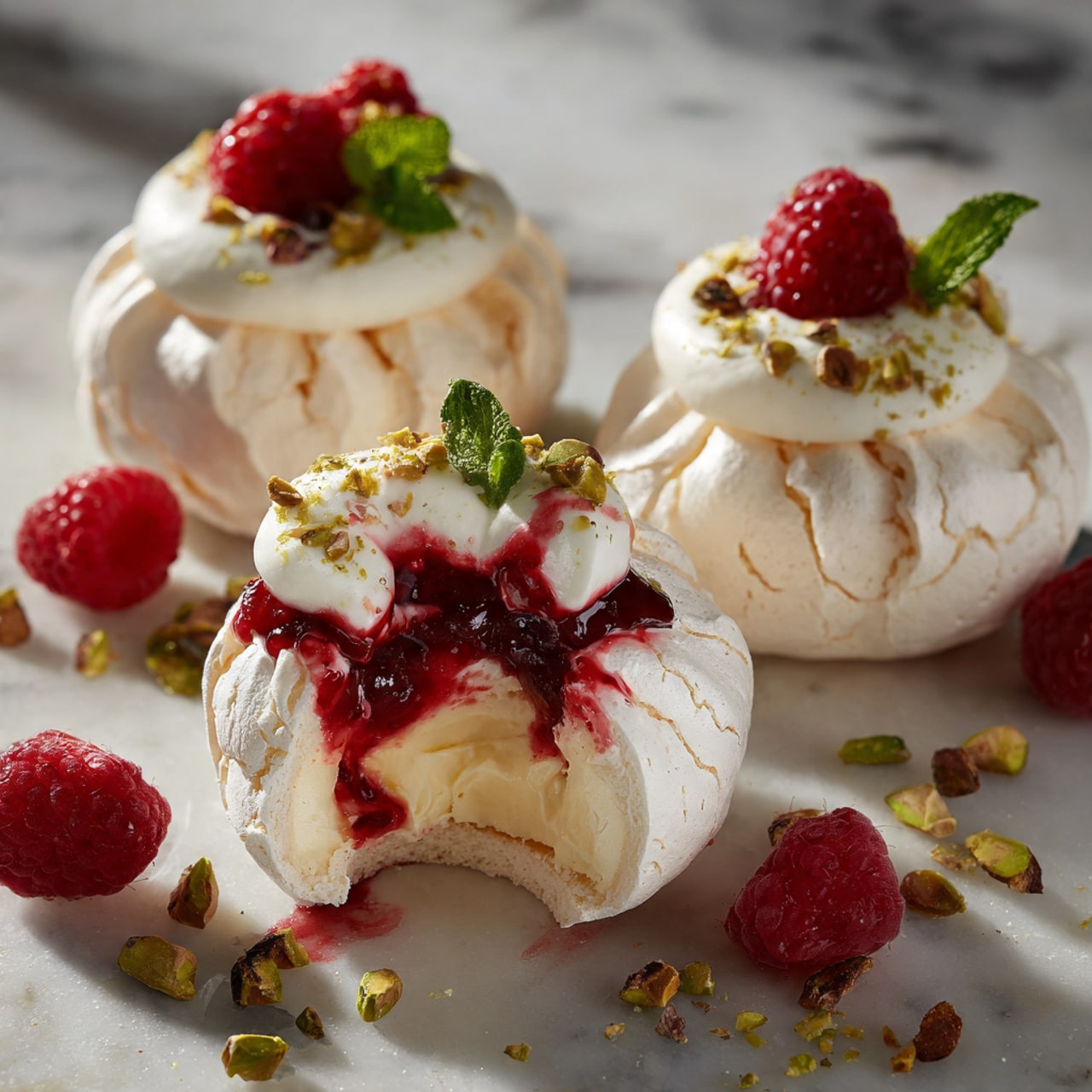 The image shows three meringue nests placed on a white plate with a white marbled texture surface. Each meringue is white with a smooth, slightly cracked texture and is topped with a dollop of creamy white whipped topping. On top of that, there is one bright red raspberry and a small green mint leaf, along with some crushed pistachio nuts sprinkled around and on the whipped topping. Additional raspberries and mint leaves are scattered around the meringues on the plate, with some fine white powdered sugar dusted over them, giving a fresh and delicate look. photo taken with an iphone --ar 4:5 --v 7