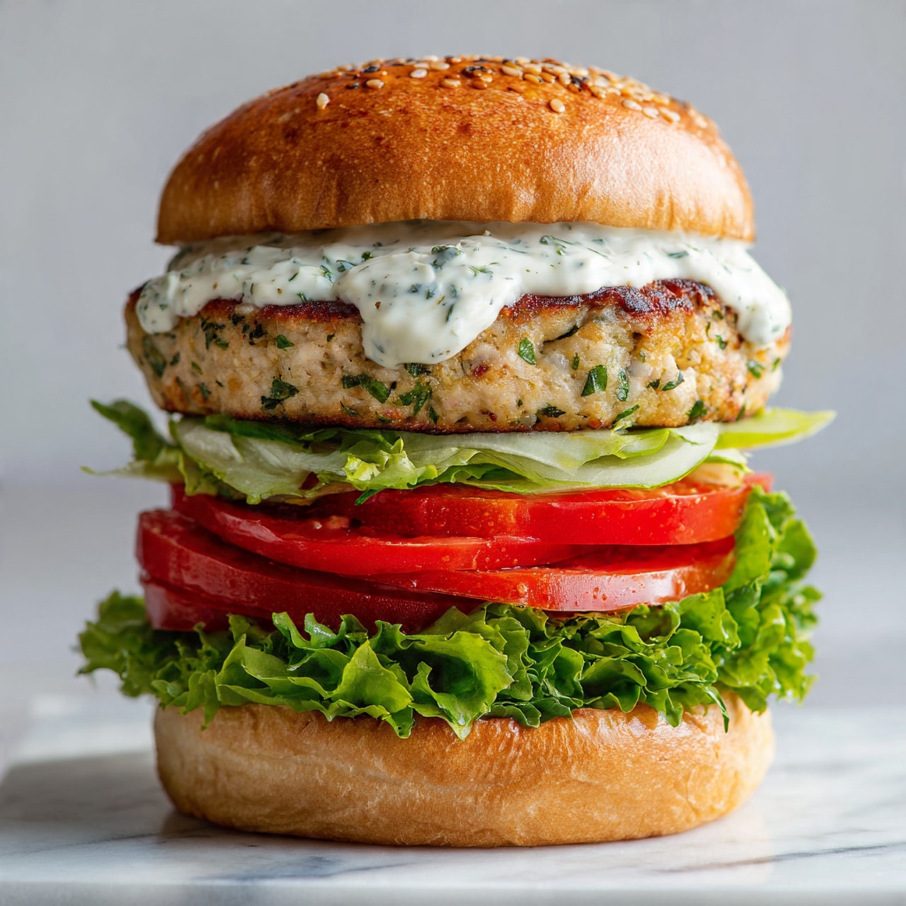A close-up view of a sandwich showing four layers: a top golden-brown sesame seed bun with a shiny texture, a thick light brown patty with some green herbs inside, a slice of red tomato, and green leafy lettuce on the bottom golden-brown bun. The sandwich is placed on white paper, with a white marbled surface and a dark wooden background behind. The sandwich has a bite taken from the side, showing the inside texture clearly. Photo taken with an iphone --ar 4:5 --v 7