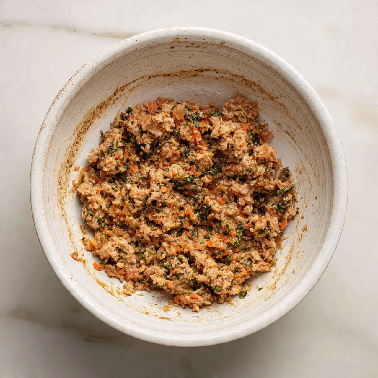 The image shows a white plate with several unevenly shaped brown patties stacked on top of each other. The patties have a coarse texture and are speckled with small pieces of green herbs and red bits throughout. They have a slightly crispy and charred surface with some darker brown spots. Part of one patty is broken, revealing a dense, moist interior with visible herbs. In the background, there is a hint of a white plate with beige flatbread and some cucumber and tomato salad on the edge of the main plate. The setting is on a white marbled surface. Photo taken with an iphone --ar 4:5 --v 7