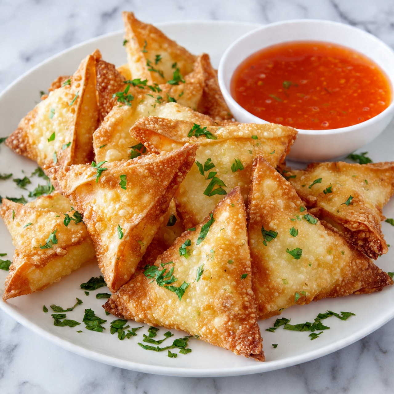 The image shows multiple small, square-shaped golden brown pastries with four folded corners creating a star-like shape on a white plate with a brown rim. The pastries have a crispy, slightly shiny texture with some darker toasted spots. Scattered around the pastries are small pieces of bright green chopped scallions, adding vibrant color contrast. The background is a white marbled surface. Photo taken with an iphone --ar 4:5 --v 7