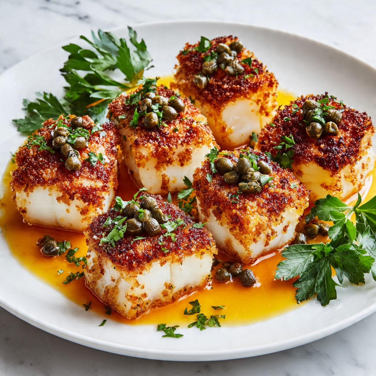 The image shows several pieces of golden-brown cooked fish fillets placed on a white plate. Each fillet is topped with small green capers and fresh green parsley leaves, adding a bright contrast to the warm color of the fish. A light yellow sauce, likely butter or oil-based, pools around the base of the fish, giving the dish a shiny, moist look. The plate sits on a white marbled surface, and in the corner, a silver spoon partly holds one piece of fish. Photo taken with an iphone --ar 4:5 --v 7