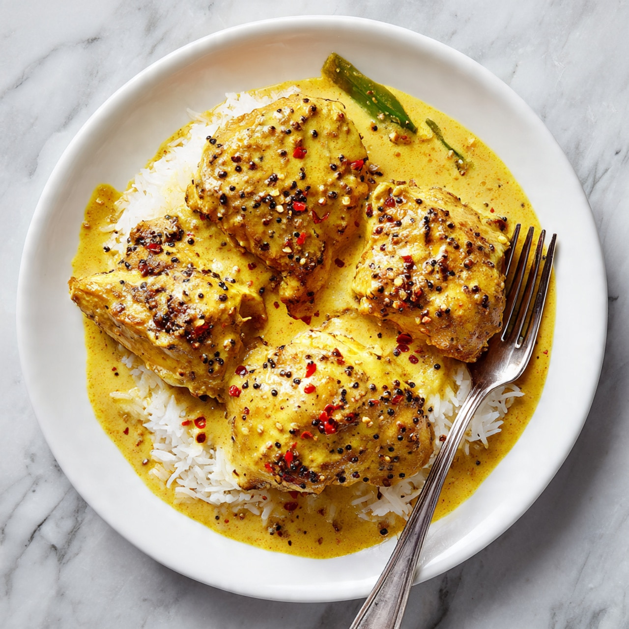 A white scalloped bowl filled with a bright yellow creamy curry, having several soft, round dumplings partially submerged in the sauce. The curry is garnished with dark roasted spices and green curry leaves floating on top, giving texture and contrast. Behind the bowl, there is a white rectangular dish with a generous mound of fluffy white rice. In the further background, small wooden bowls hold green chilies and pickles, all placed on a white marbled surface. The overall scene is warm and inviting, with rich colors and textures. photo taken with an iphone --ar 4:5 --v 7