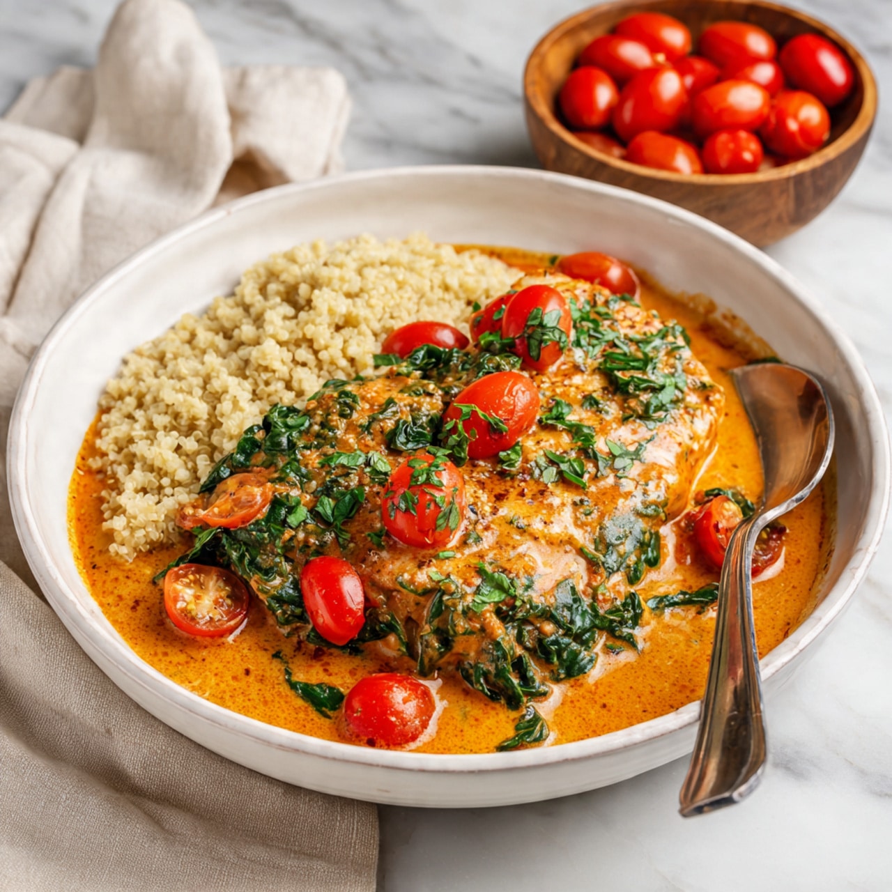 A round stainless steel pan holds four grilled fish fillets arranged in a row, partially covered with bright orange creamy sauce. The sauce is dotted with small whole red cherry tomatoes and pieces of green spinach leaves, adding patches of color and texture. The fillets have a light char on top, showing a slightly rough brown surface contrasting the smooth sauce. The background is a white marbled surface with a small white bowl filled with whole red cherry tomatoes placed in the upper left corner, and a folded mustard-colored cloth peeking in the bottom left corner. Photo taken with an iphone --ar 4:5 --v 7