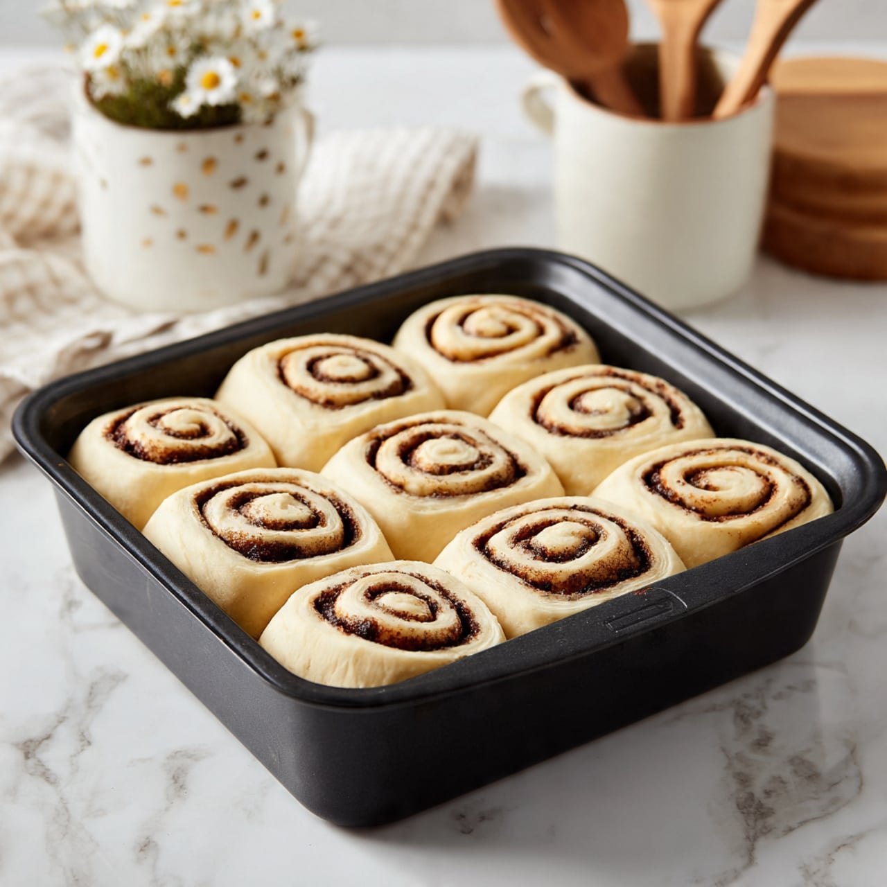 A white round tray holds a small white plate with a single cinnamon roll topped with a swirl of white glaze. Next to it is a clear glass cup filled with dark coffee and a light foam on top. Behind the plate, there is a small vase with tiny white and green flowers. Beside the tray, on a white marbled surface, some cinnamon sticks are placed, and in the background, there is a small white basket filled with bright red strawberries and other berries. The scene has soft natural light, and the edges of the tray reveal its light gray color with wooden handles. Photo taken with an iphone --ar 4:5 --v 7
