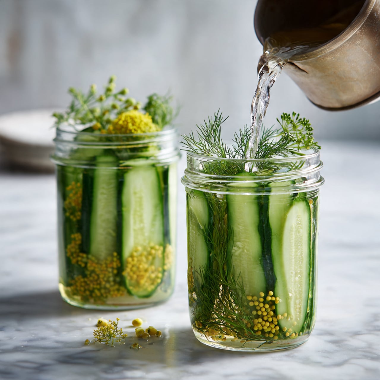 Two clear glass jars filled with pickled cucumber spears arranged vertically, showing layers of bright green cucumber skin and pale green inner flesh. Inside the jars, there are also small white garlic pieces, light brown mustard seeds, black peppercorns, and fresh green dill sprigs on top. The jars are placed on a white marbled surface with extra dill sprigs resting nearby. The light creates a fresh and crisp look on the vegetables, visible through the clear brine photo taken with an iphone --ar 4:5 --v 7