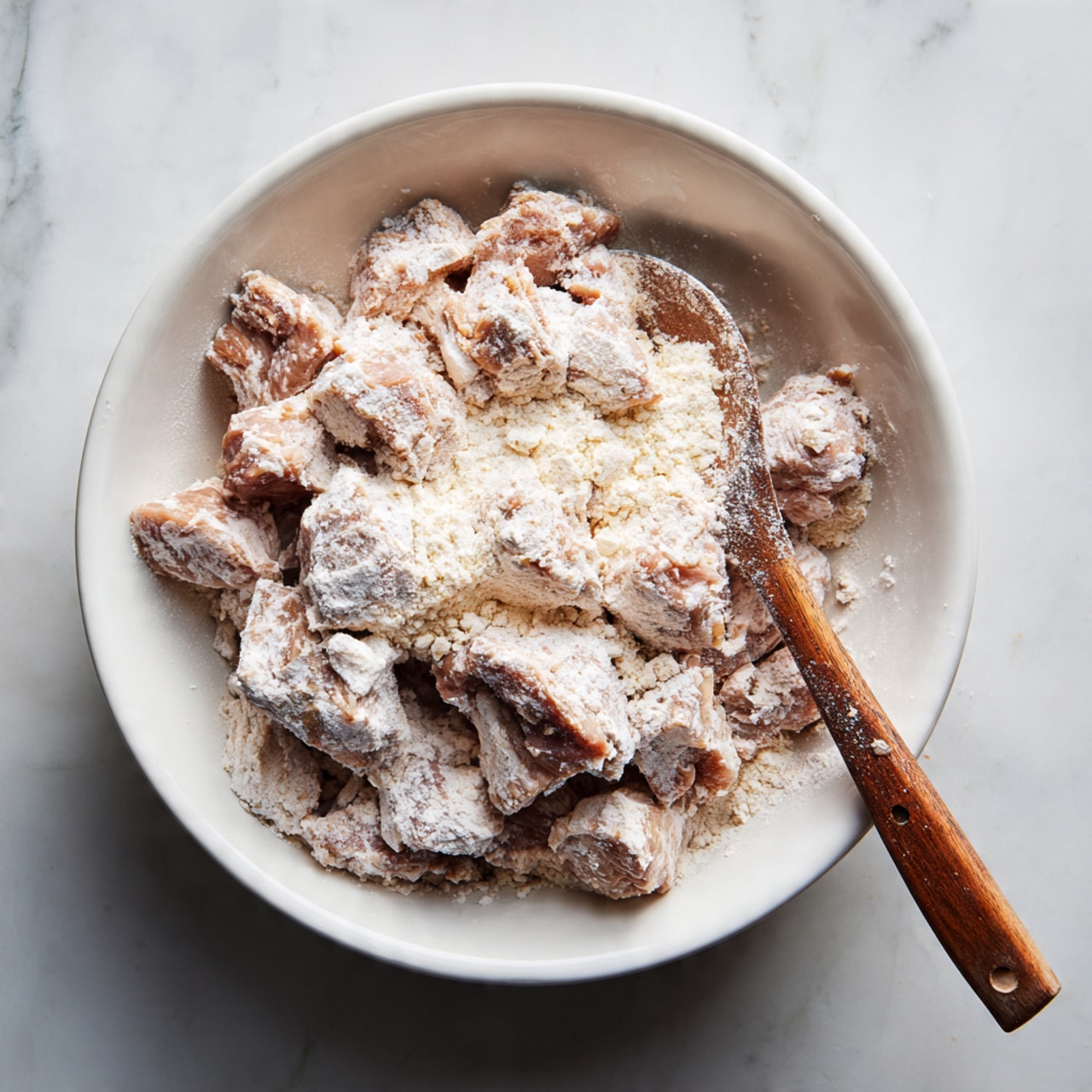 A white round plate holds two main layers: on the left, a large portion of plain steamed white rice with long grains, soft and fluffy in texture, covering about half the plate; on the right, a glossy stir-fry mix of small, bite-sized golden-brown chicken pieces with a sticky reddish-brown sauce, mixed with chunks of bright green bell pepper and translucent white onion pieces. Some sesame seeds are sprinkled lightly on top. A silver spoon rests to the right side in the stir-fry portion. The plate is set on a yellow cloth with a white marbled surface underneath. photo taken with an iphone --ar 4:5 --v 7